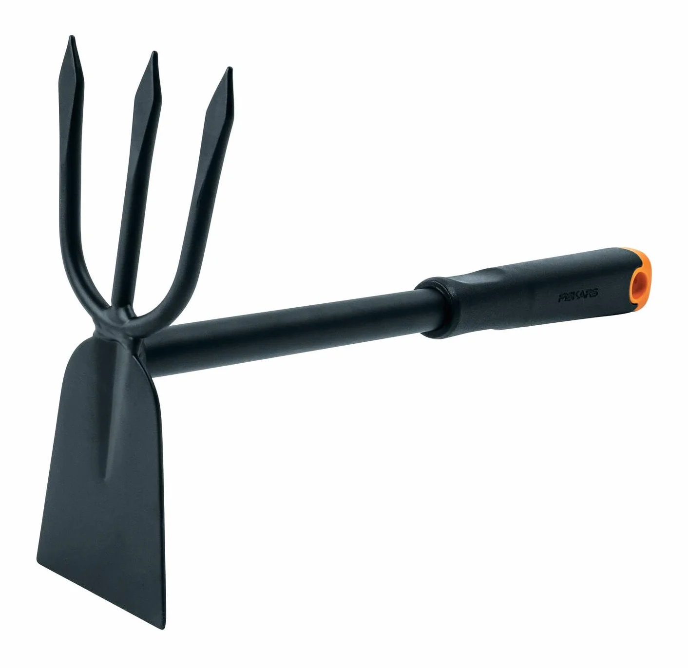 Fiskars Motyka dwustronna, Szpiczaste zęby, Długość 30,5 cm, głowica ze stali nierdzewnej, Trzonek z tworzywa, Czarno-pomarańczowy, Ergo, 1027030