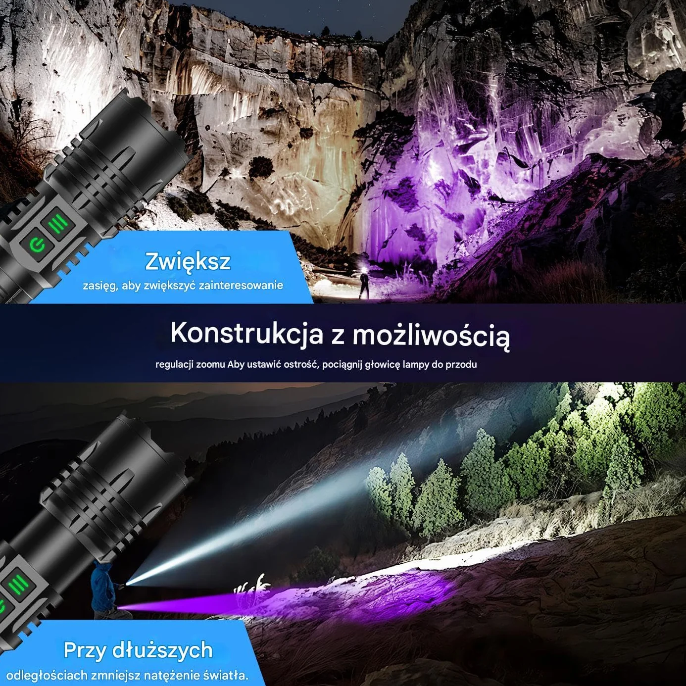 Latarka LED z UV 395nm 2w1, Doładowywana, Ekstremalnie Jasna, Długa żywotność baterii, wodoodporna, z zoomem, 6 trybów światła ultrafioletowego/czarnego do outdooru, wykrywania moczu zwierząt