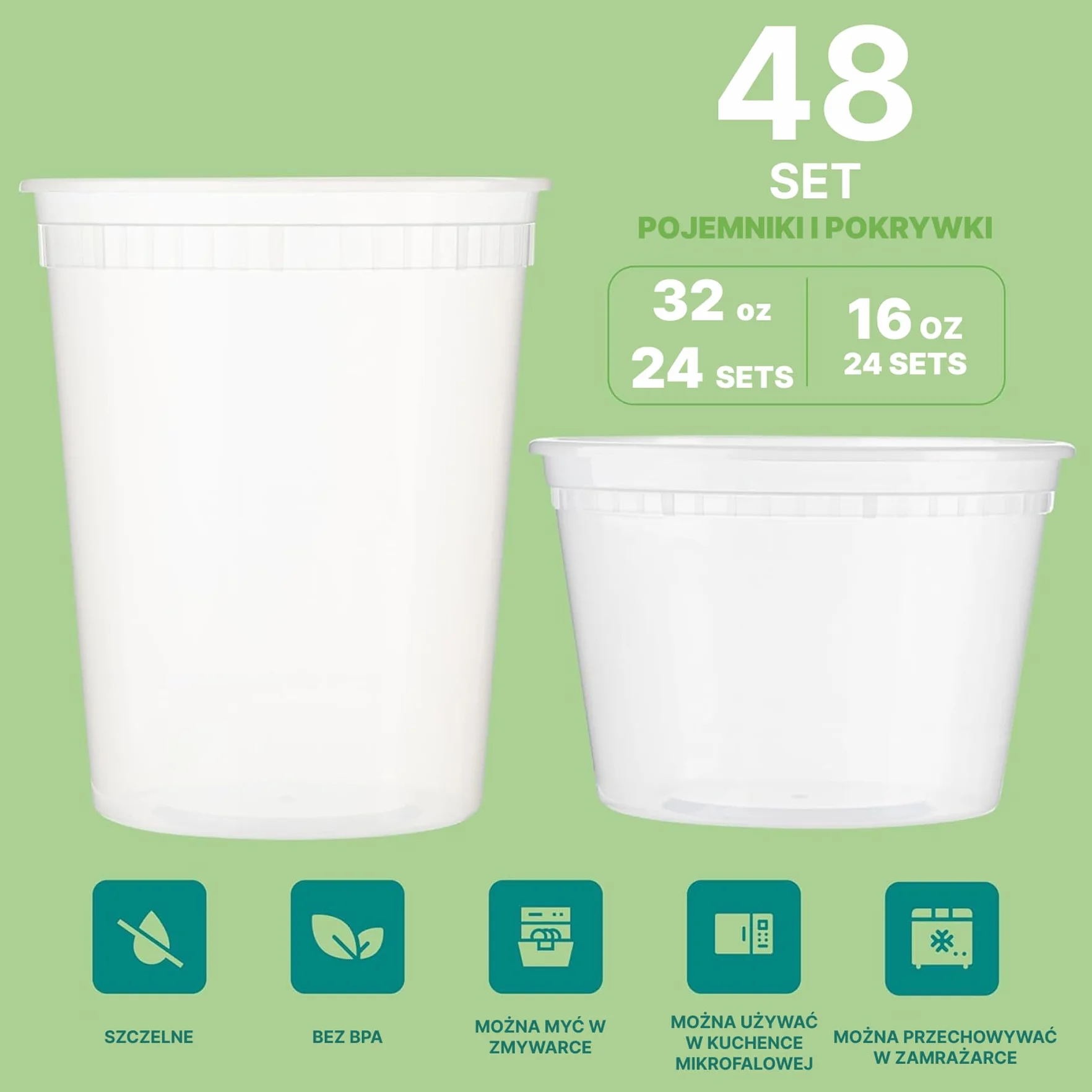 Pojemniki do przechowywania żywności JoyServe Deli z pokrywkami – 48 zestawów (24×946 ml & 24×473 ml), plastikowe, hermetyczne, bez BPA, do posiłków na wynos, do zmywarki i mikrofalówki