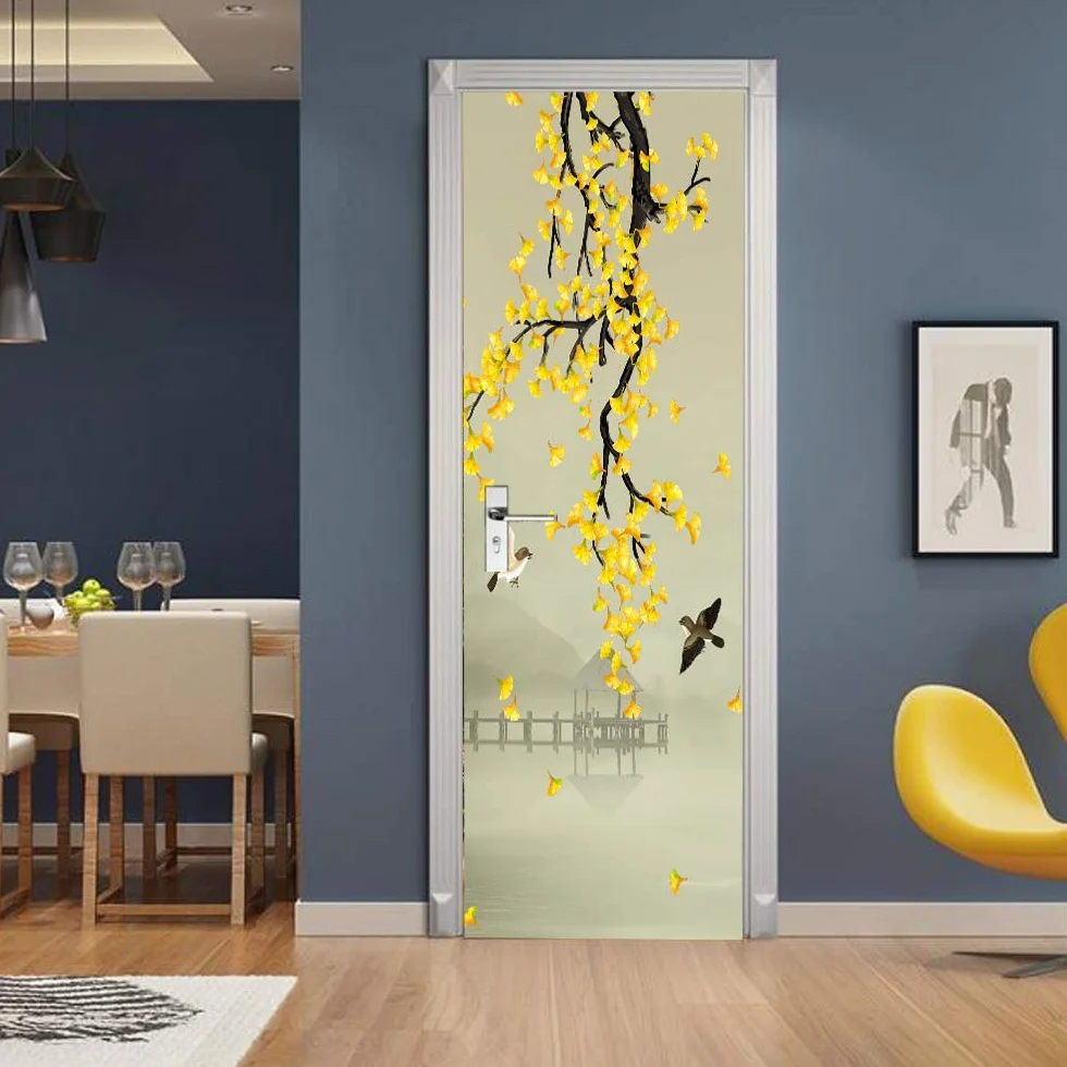 Tapeta na drzwi 3D, samoprzylepna, kwiaty, drzewa i ptaki, szer. 90 x wys. 200 cm, 3D, naklejka na drzwi, fototapeta, PCW, obraz na drzwi, winyl, wodoszczelna, usuwalna, naklejka na ścianę, dekoracja