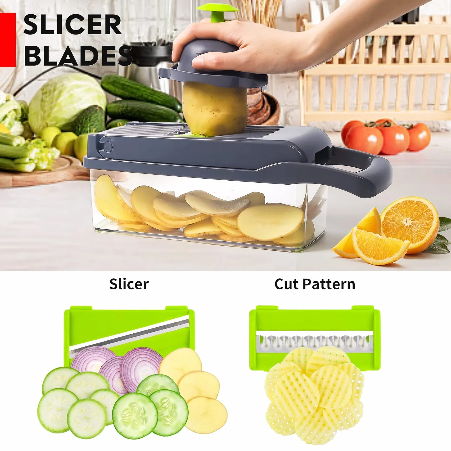 Szatkownica do Warzyw, Stal Nierdzewna, Wielokolorowy Mandolina krajalnica do warzyw Rozdrabniacz Do Warzyw, Rozdrabniacz Do Cebuli, Rozdrabniacz Do żYwnośCi - 14 W 1 Wielofunkcyjna Krajalnica
