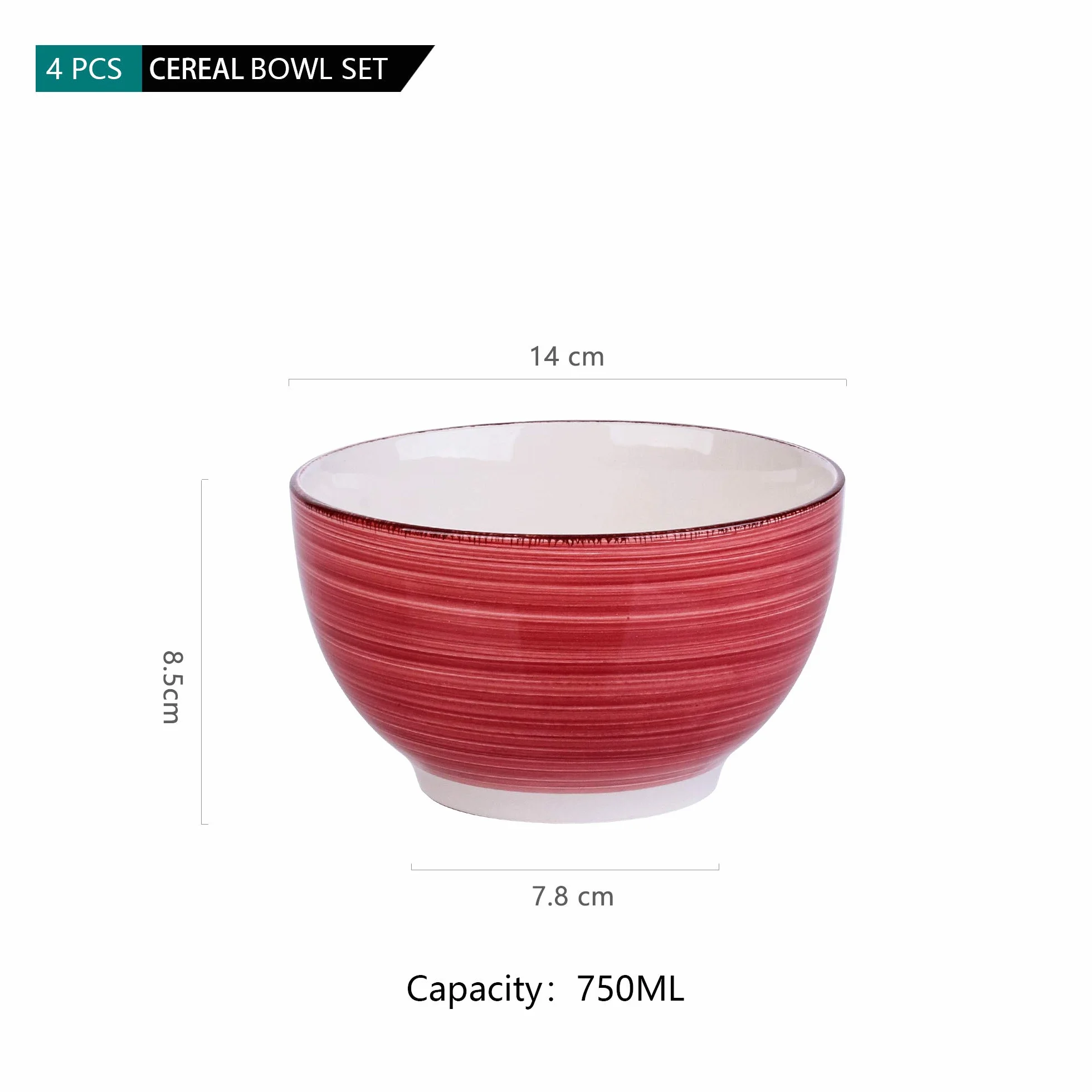 vancasso Bella Ręcznie malowana miska w stylu rustykalnym o średnicy 14 cm i pojemności 750 ml, duża miska na płatki śniadaniowe, ramen, zupę, owoce, makaron, w stylu rustykalnym, czerwona, zestaw 4 szt.