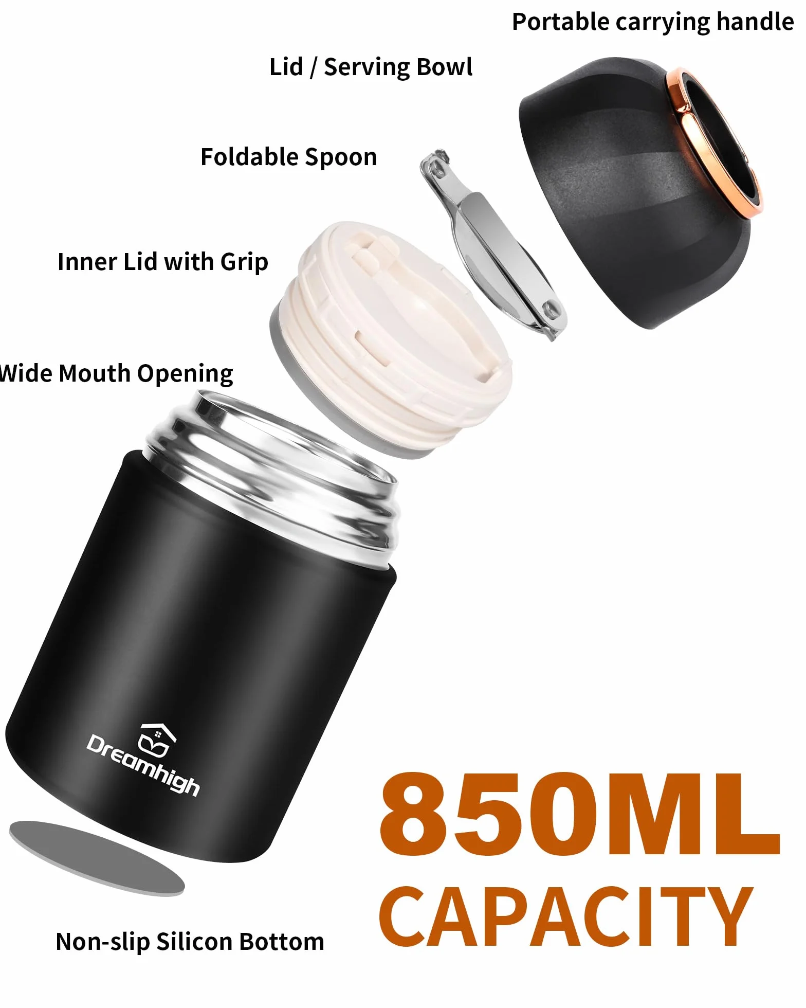 Dreamhigh® Pojemnik termiczny na żywność, 850 ml, ze stali nierdzewnej, z uchwytem, termos do jedzenia, szczelny, w zestawie łyżka, 12 godzin gorąca, zimno przez 12 godzin (czarny)