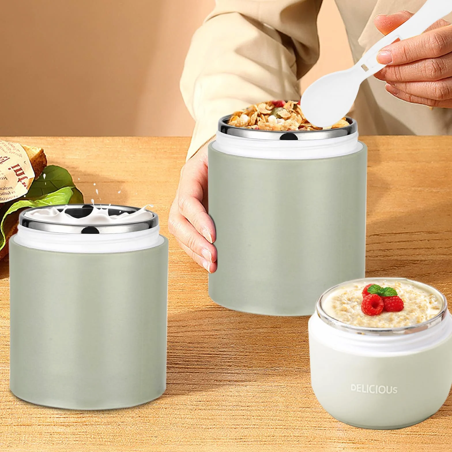 Chedin Kubek na musli To Go z pokrywką, kubek ze stali nierdzewnej, 730 ml, szczelny, z łyżką i pokrywką, dwuwarstwowe, szczelne, idealne do pracy (różowy + zielony)