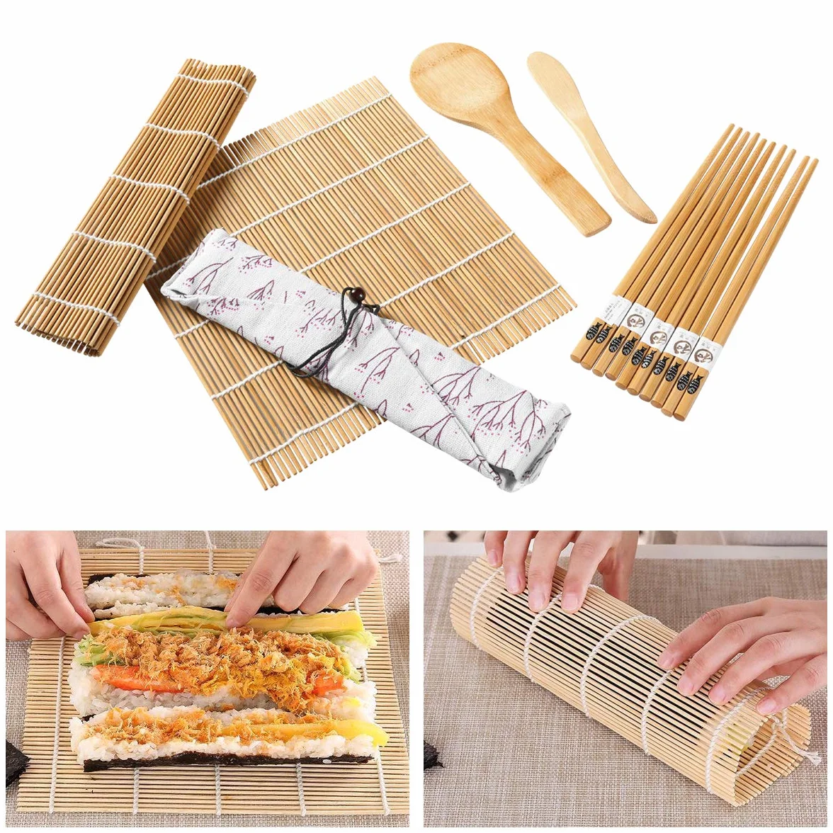 Kompletny Zestaw do Sushi - 10 Bambusowych Elementów, 2 Maty, Łyżka do Ryżu, Nóż, 5 Par Pałeczek, Woreczek z Tkaniny - DIY