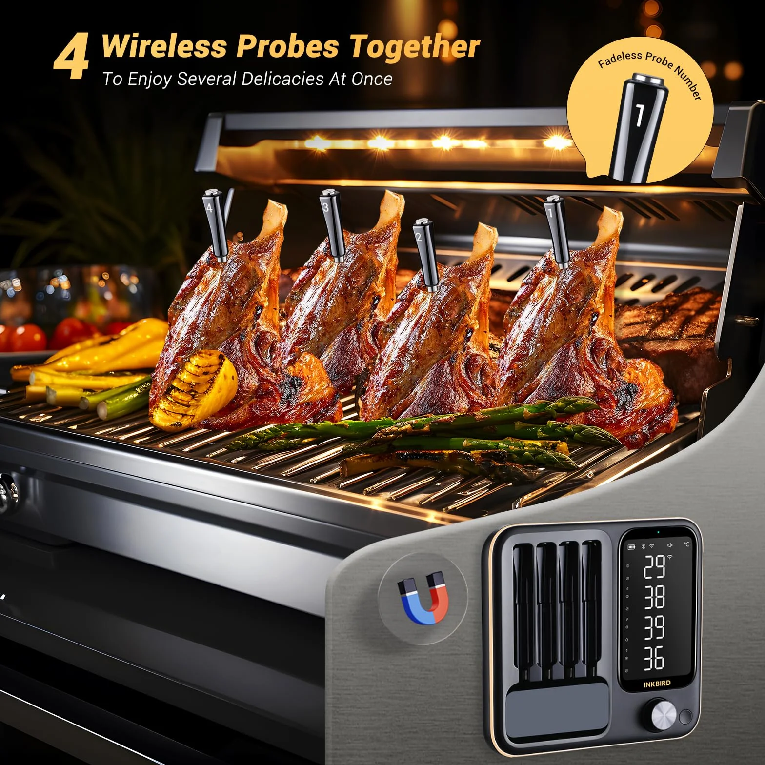 Inkbird INT-14-BW bezprzewodowy termometr do mięsa, inteligentny termometr do grilla, WiFi 2,4 G, sygnał Bluetooth 5.4, 91 m, termometr do piekarnika, grilla, wędzarni, piekarnika