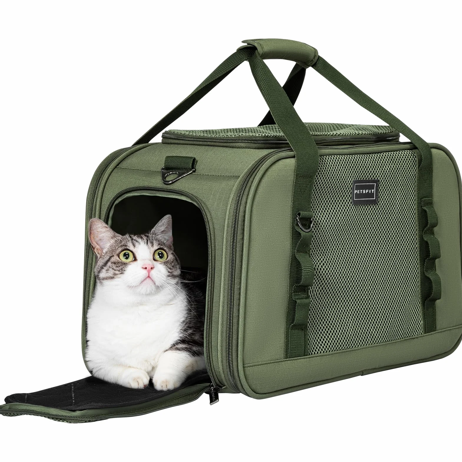 Petsfit Torba transportowa dla kota z kocem, stabilna i oddychająca, oliwkowa zieleń (49 x 23 x 28 cm)