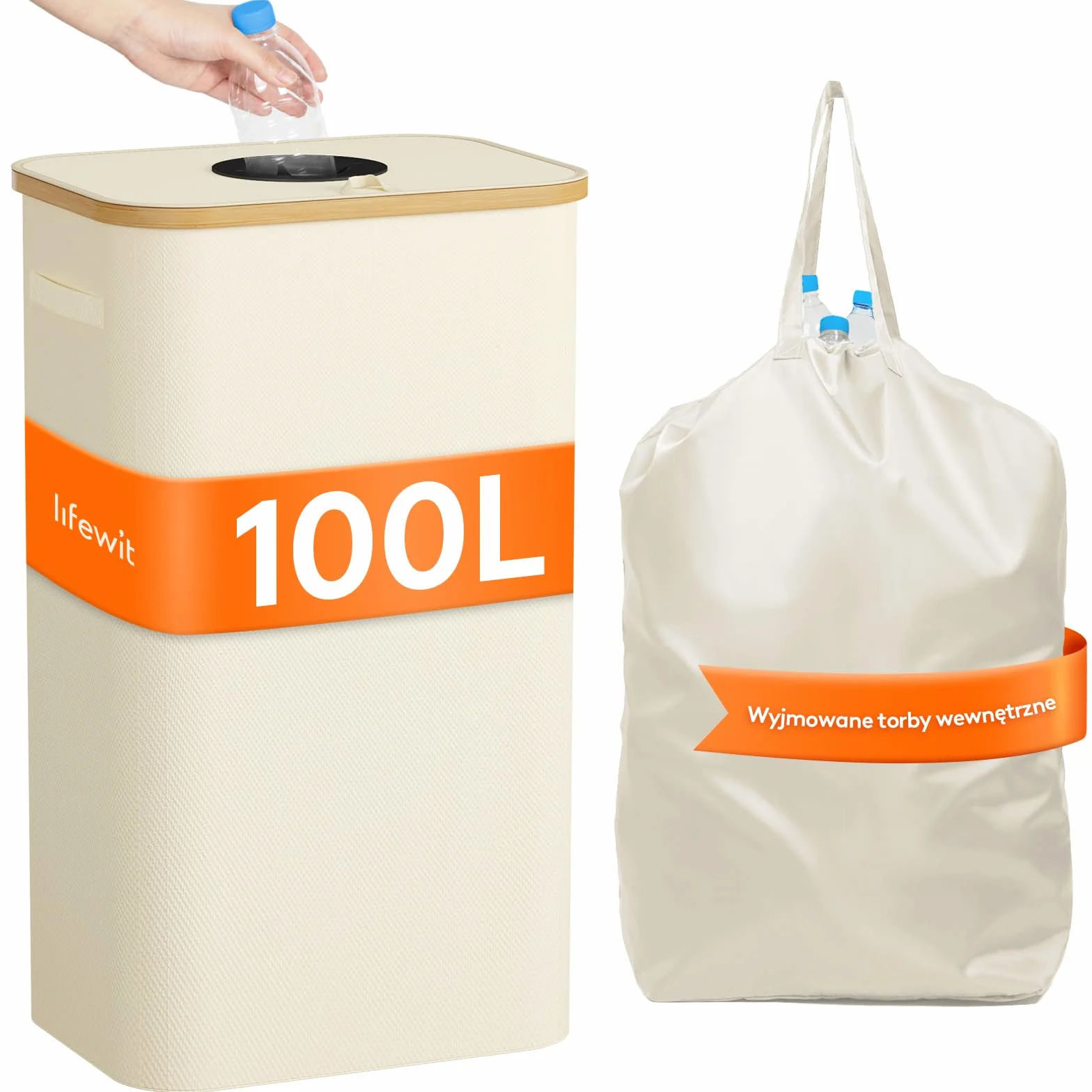 Lifewit Przenośny kosz na śmieci z recyklingu, szklany pojemnik na butelki z tworzywa sztucznego, duży bambusowy kosz na śmieci do Tris Selective, 100L, biały
