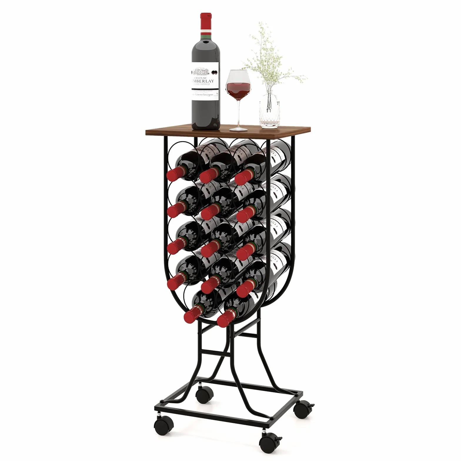Giantex Stojak na wino na 14 butelek z zamykanymi kołami, metalowy regał na wino z drewnianą podstawą, organizer na butelki w stylu rustykalnym do baru, kuchni, jadalni, MY43090