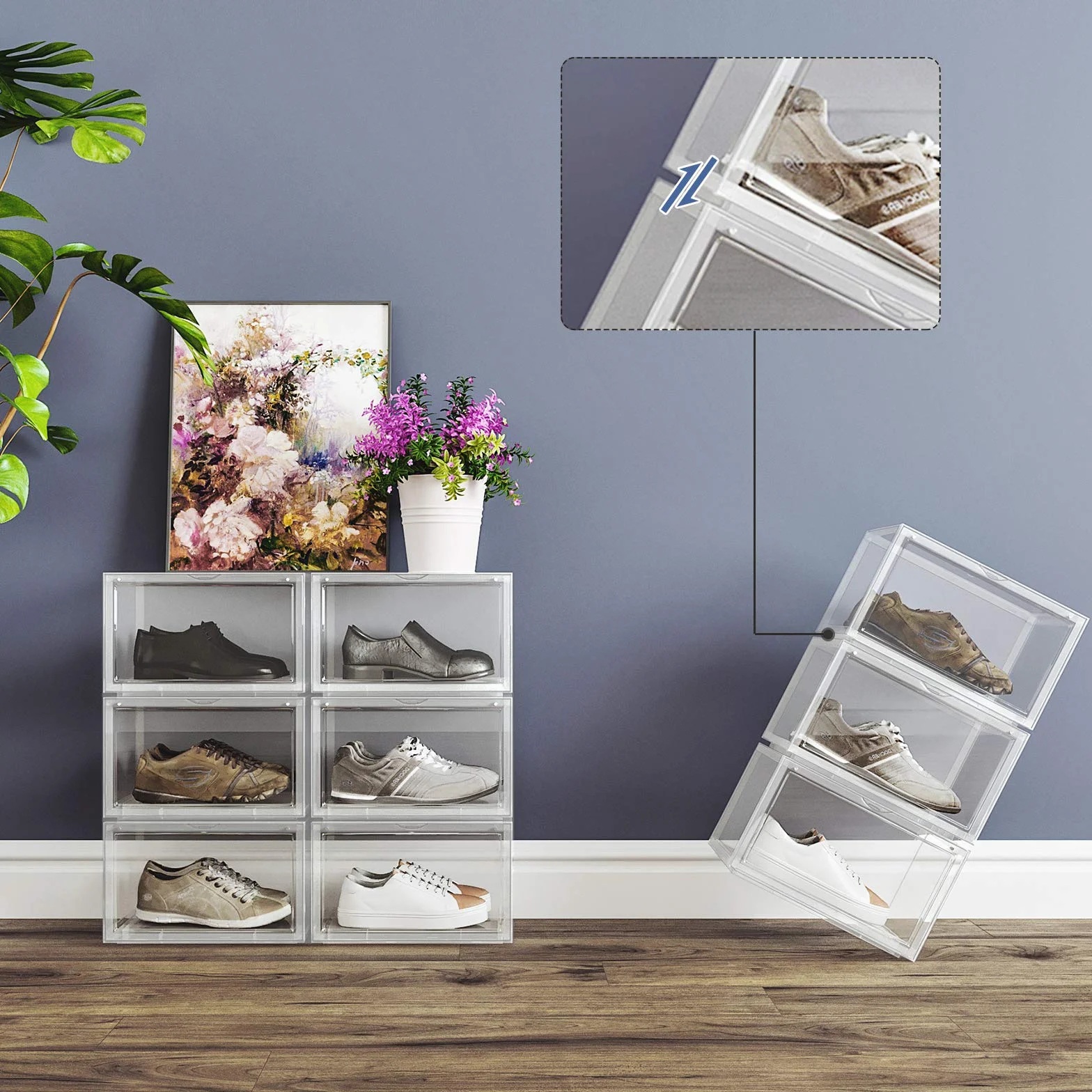 SONGMICS pudełka na buty, 3 organizery na buty z przezroczystymi drzwiami, plastikowe pojemniki na buty do rozmiaru 46, 36 x 28 x 22 cm, przezroczyste, LSP03CW