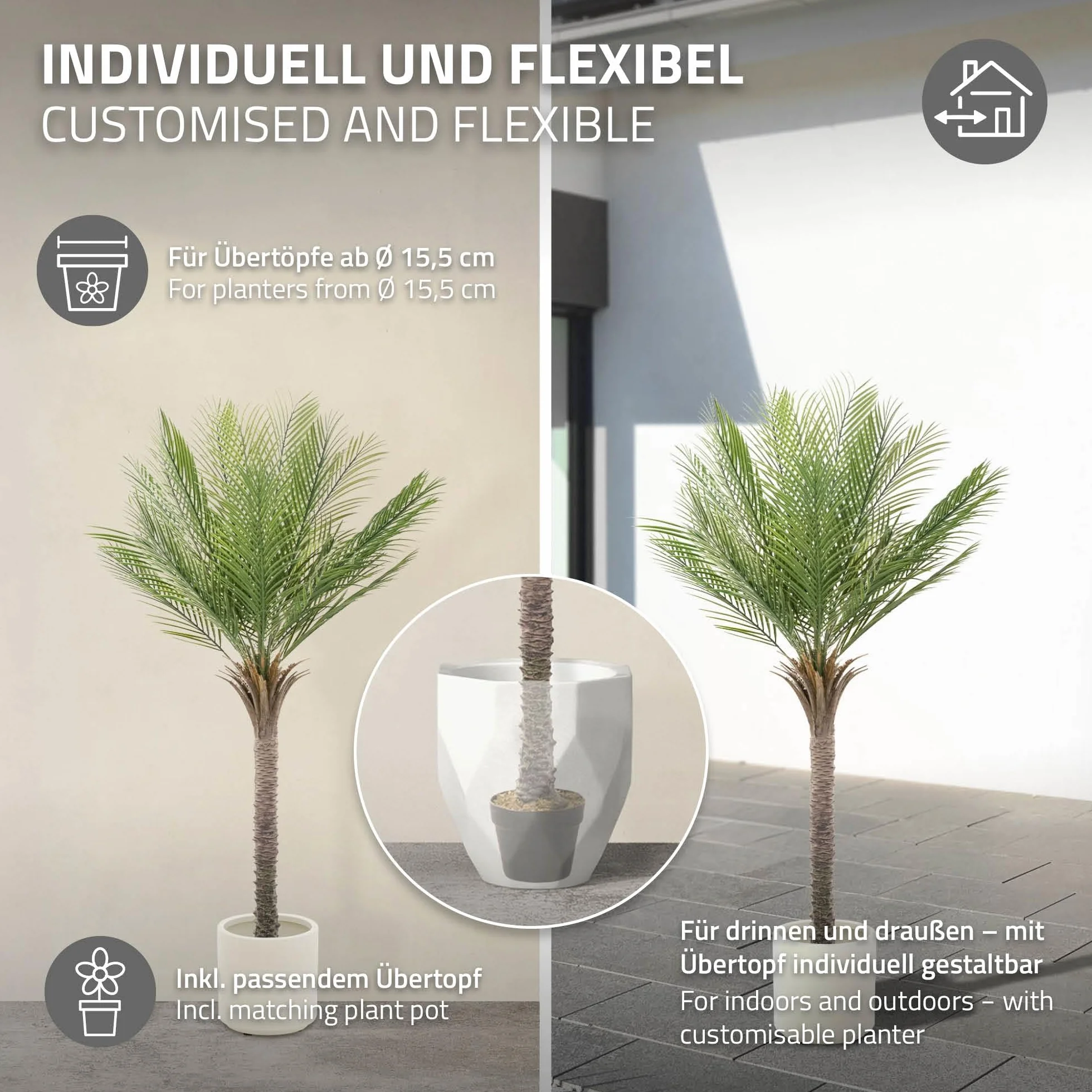 ML-Design sztuczna palma 150 cm duza roslina tropikalna dekoracja roslinna w doniczce Plastikowa roslina doskonala do wnetrz oraz przestrzeni na zewnatrz realistyczne drzewo do salonu biura lub ogrodu
