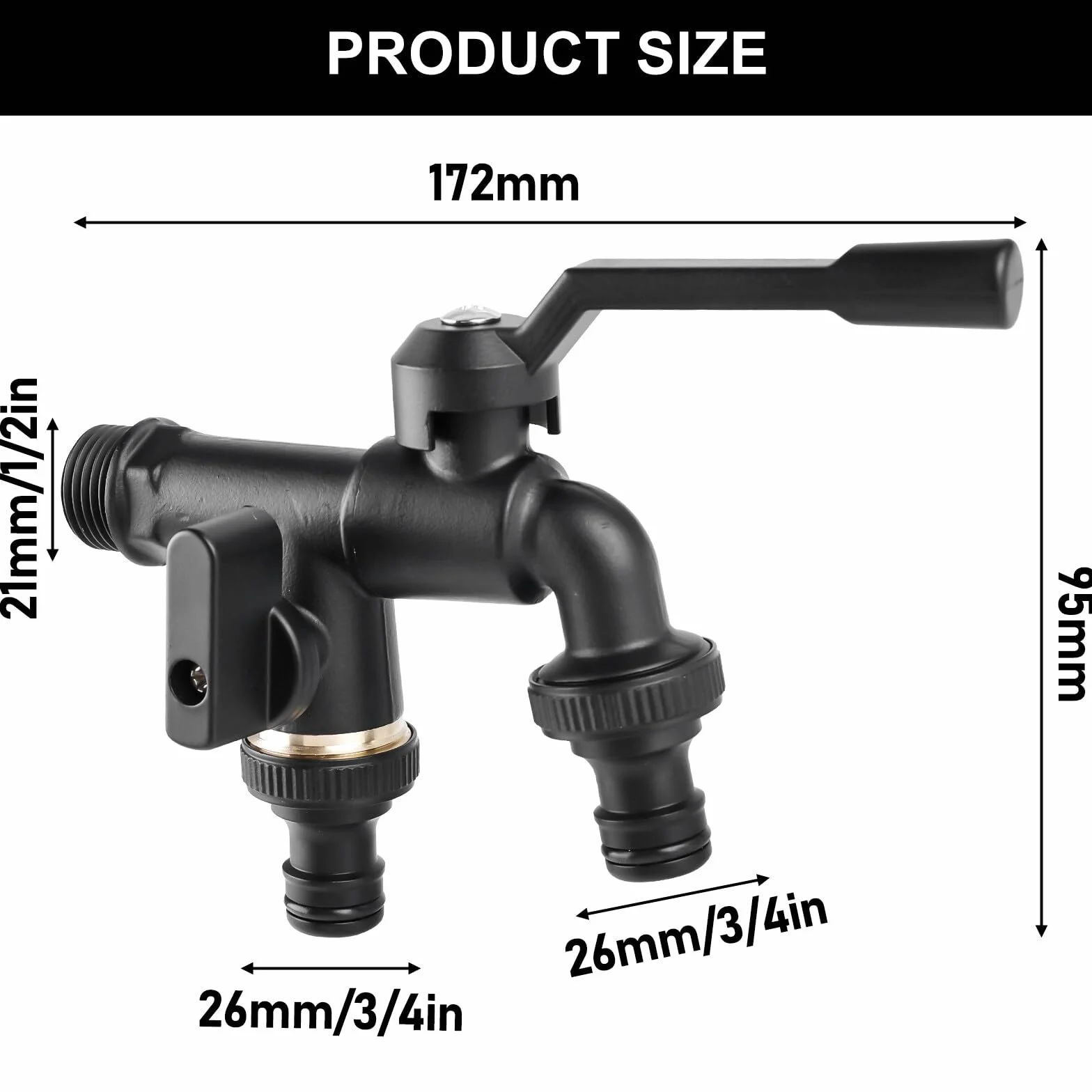 Uniwersalny kran ogrodowy, podwójny kran 1/2", mosiężny kran z 2 gumowymi uszczelkami + 2 pierścieniami O + 1 wodoodporną taśmą + 2 adapterami do węża ogrodowego, pralki, czarny