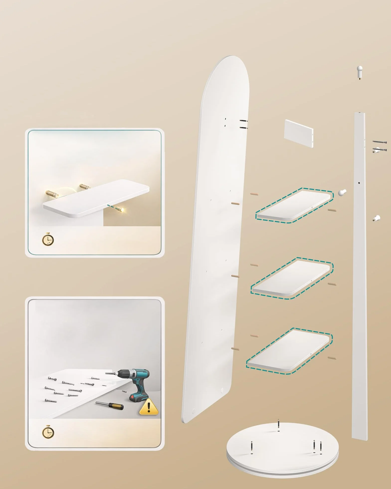 SONGMICS Lustro stojące, obracane o 360°, 163 x 45 cm, z cokołem, półkami i haczykami, przezroczyste szkło hartowane, do sypialni, salonu, lustro wypukłe, białe chmury LFM037WB01