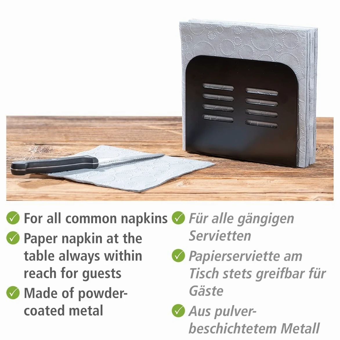 WENKO Stojak na serwetki Baco czarny, z metalu malowanego proszkowo, 15 x 12 x 4 cm