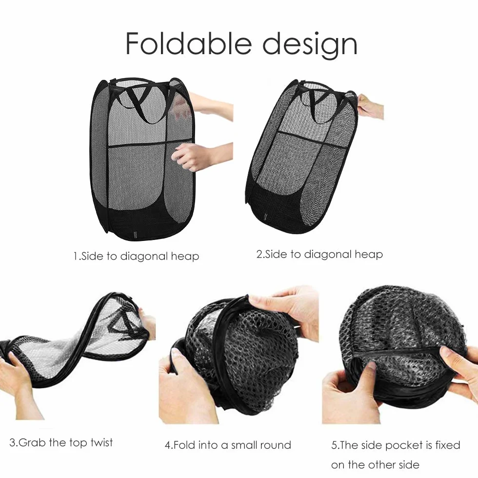 WD&CD Kosz na pranie [Zestaw 2 sztuk] Składane kosze na bieliznę Pop Up Mesh, torba na pranie, składany kosz na pranie z uchwytem, czarny