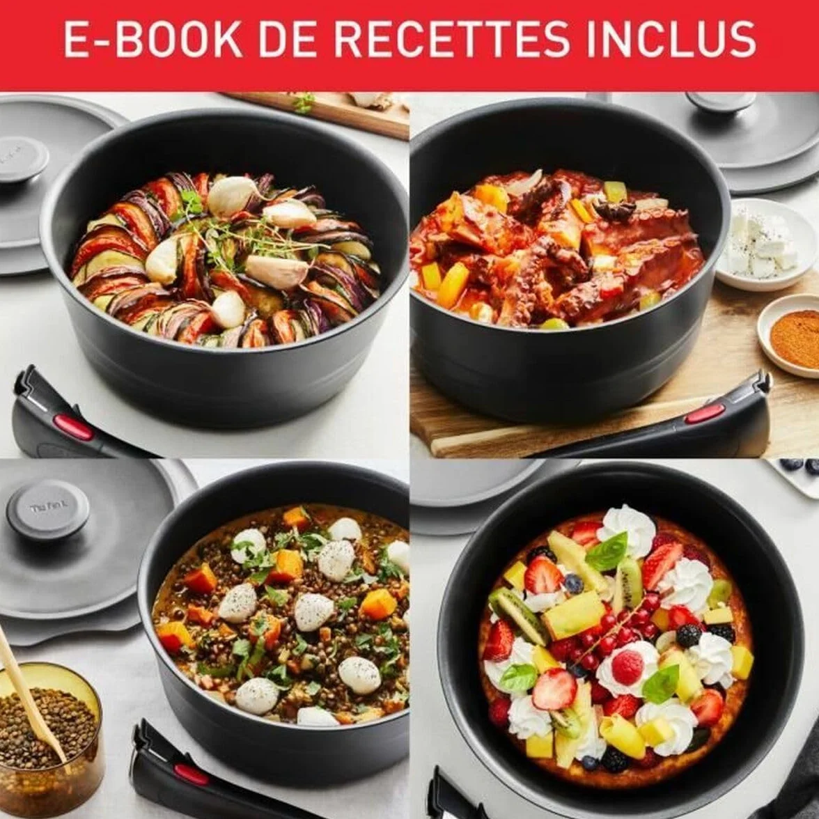Tefal Ingenio Zestaw 6 sztuk, Patelnia, Wok + pokrywa szklana 26 cm, Cocotte + pokrywa z odlewu aluminiowego 20 cm, wyjmowany uchwyt Ingenio, indukcja, odlew aluminiowy, Inspiracja L867S604