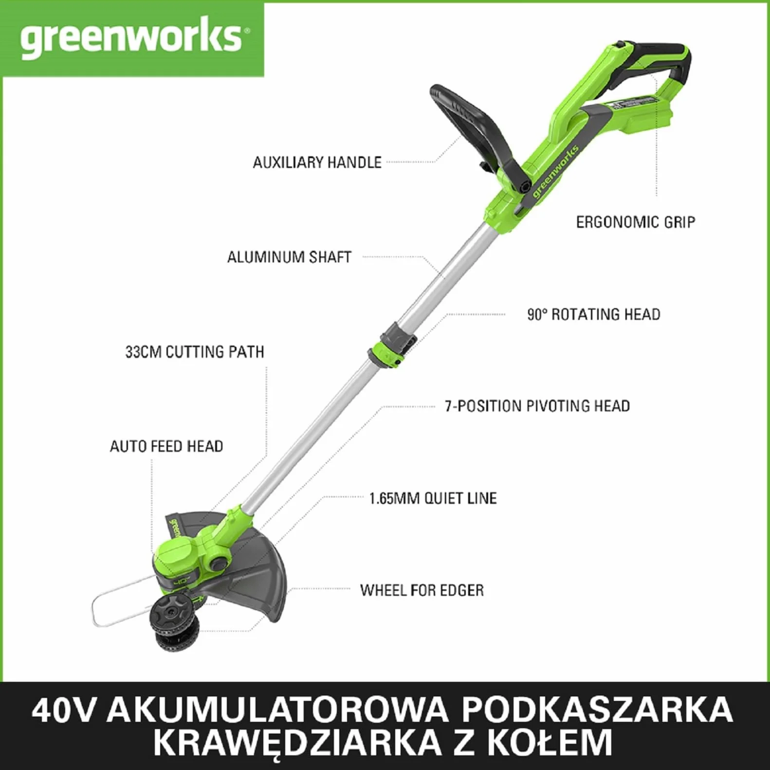 Greenworks G40LT33 Akumulatorowa Podkaszarka Krawędziarka z Kołem do Małych i Średnich Ogrodów, Szerokość Cięcia 33 cm, Automatyczny Wysuw Żyłki Nylonowej 1,65 mm, BEZ Baterii 40V i Ładowarki