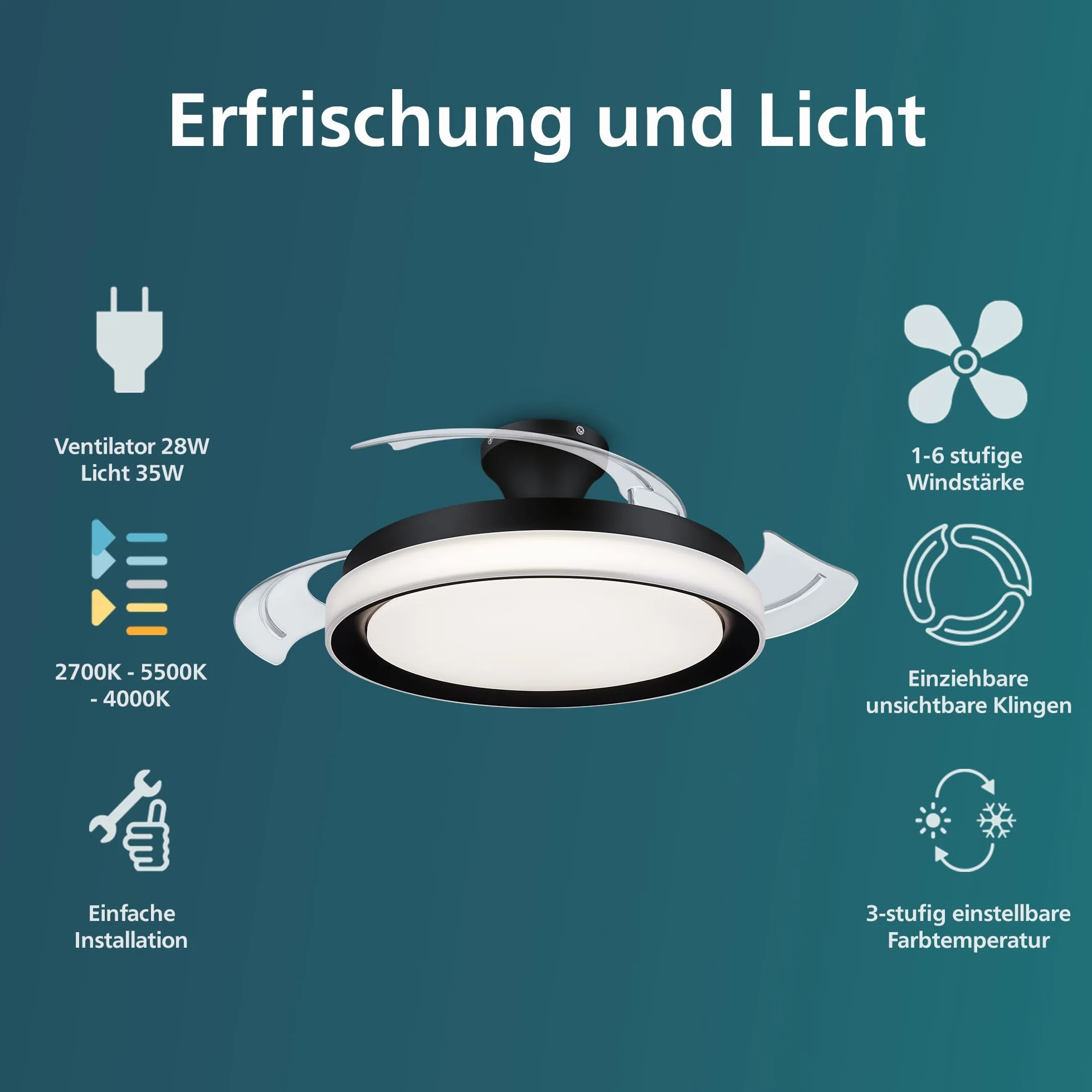 PHILIPS LED Bliss 28W Wentylator Sufitowy 35W, 2700K-4000K-5500K, w Zestawie z Pilotem, Czarny