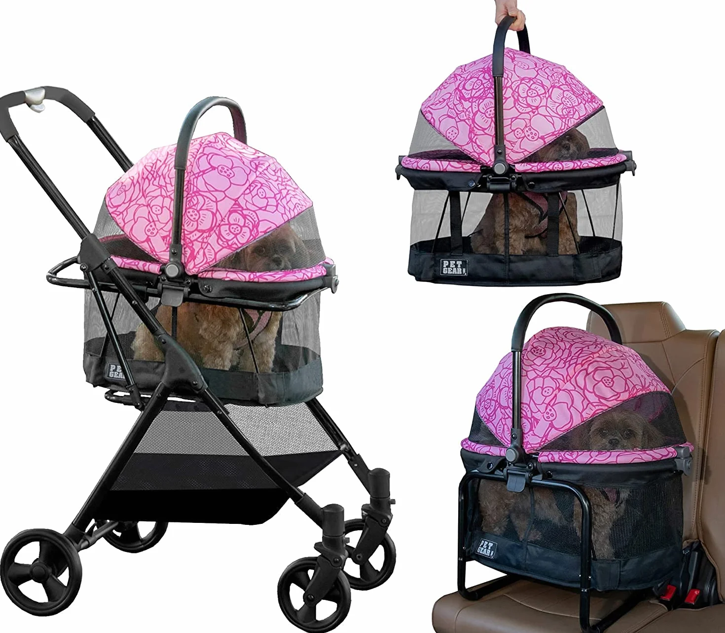 Pet Gear System podróżny 3 w 1 wózek 360 fotelik samochodowy fotel podwyższający Easy Click N Go dla małych psów i kotów różowy kwiatowy