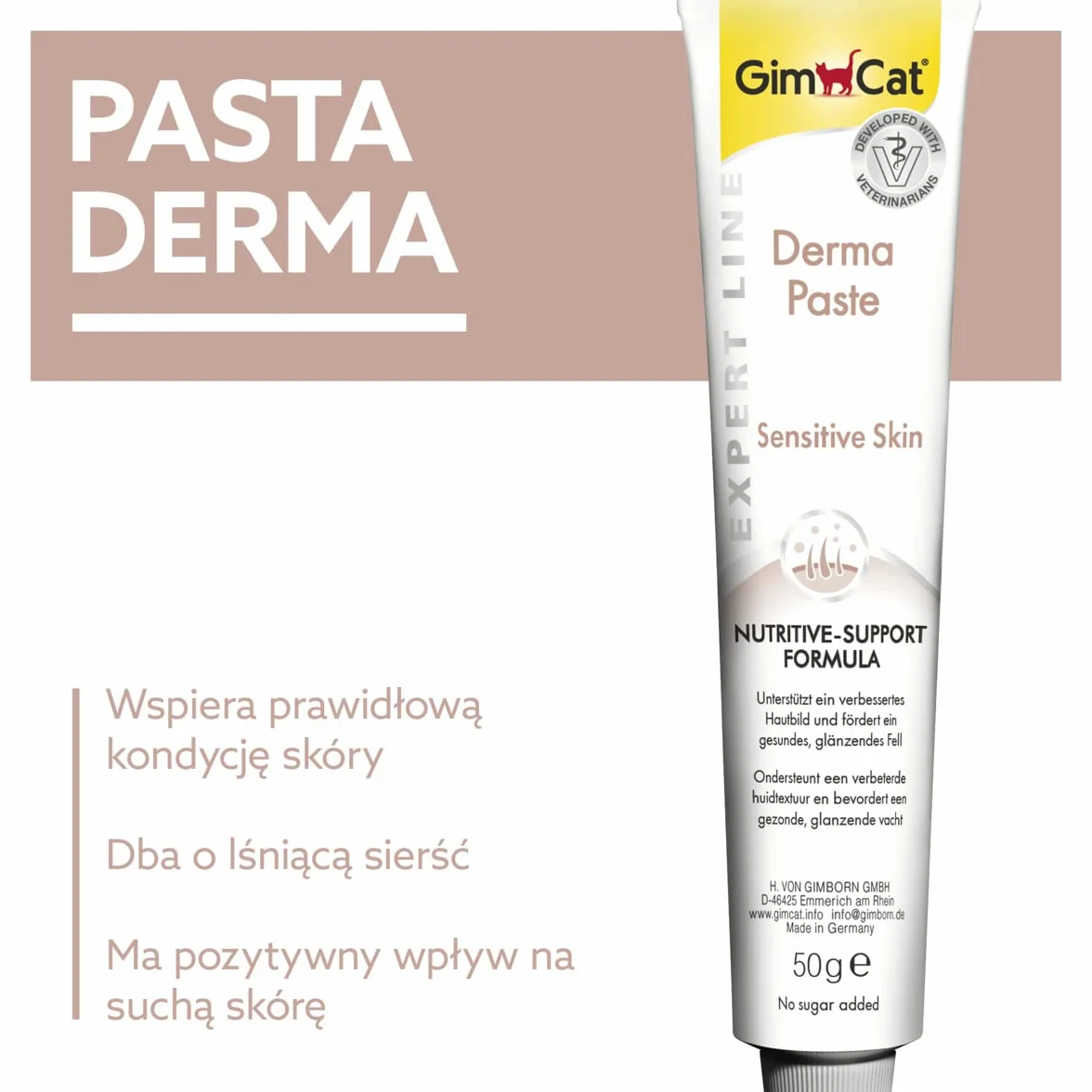 GimCat EXPERT LINE Derma pasta - Funkcjonalny przysmak dla kotów wspomagający zdrowie skóry i sierści - 1 tubka (1 x 50 g)