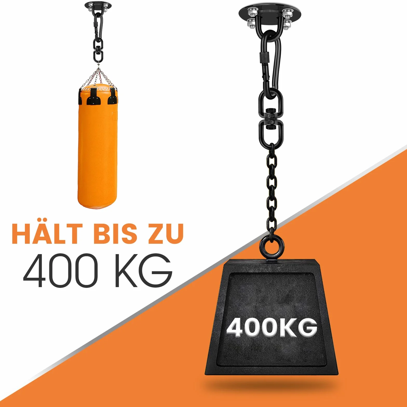 Hak sufitowy, obracany o 360°, ze stali nierdzewnej, nośność do 400 kg, uchwyt sufitowy, hak na huśtawkę do fotela wiszącego, worka bokserskiego, pierścieni gimnastycznych, aerial jogi