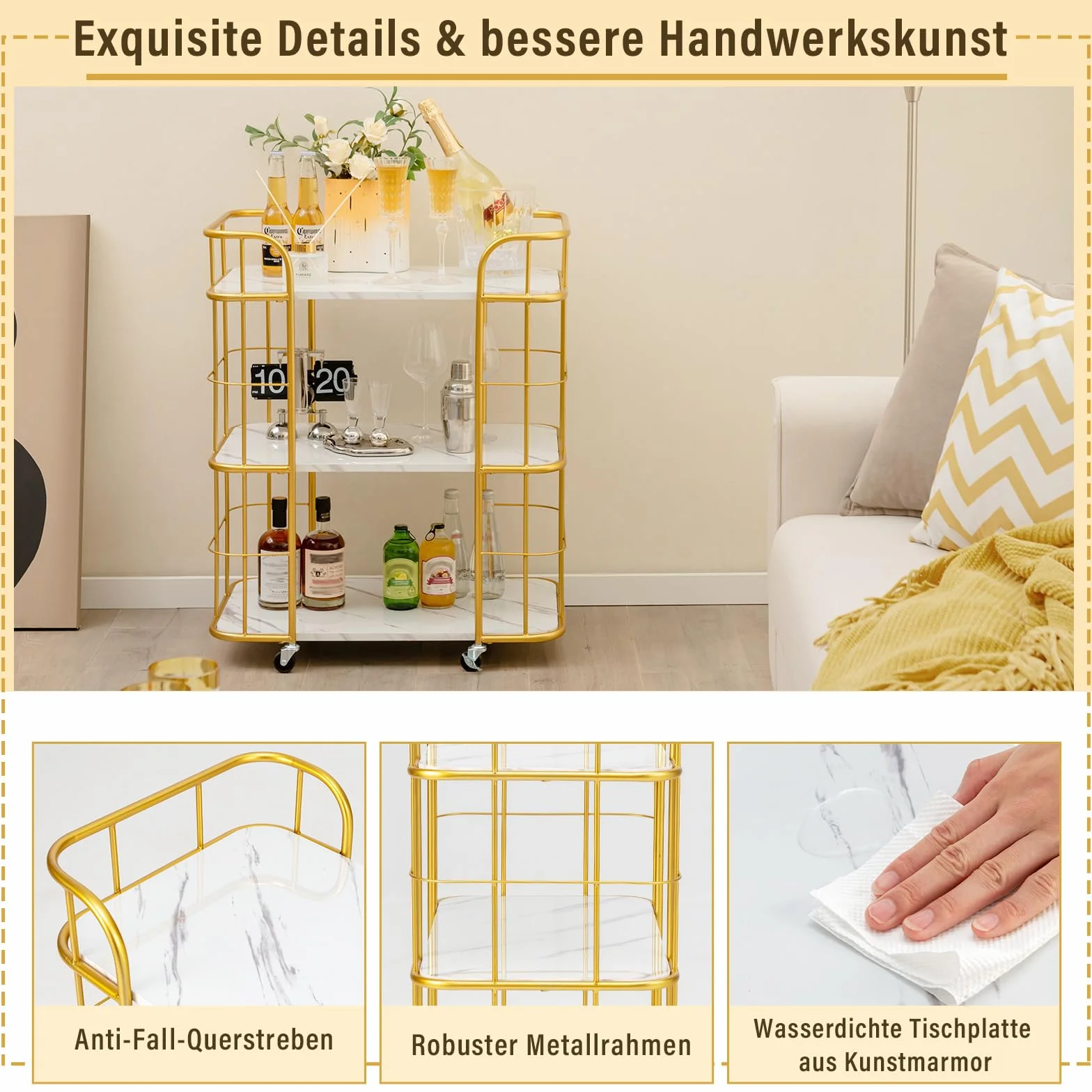 COSTWAY Wózek kuchenny z uniwersalnymi kółkami, wózek do serwowania, 3 półki, marmurowy wózek barowy, nowoczesny, mobilny wózek domowy, metalowa rama, wózek uniwersalny do domu, restauracji, złoty
