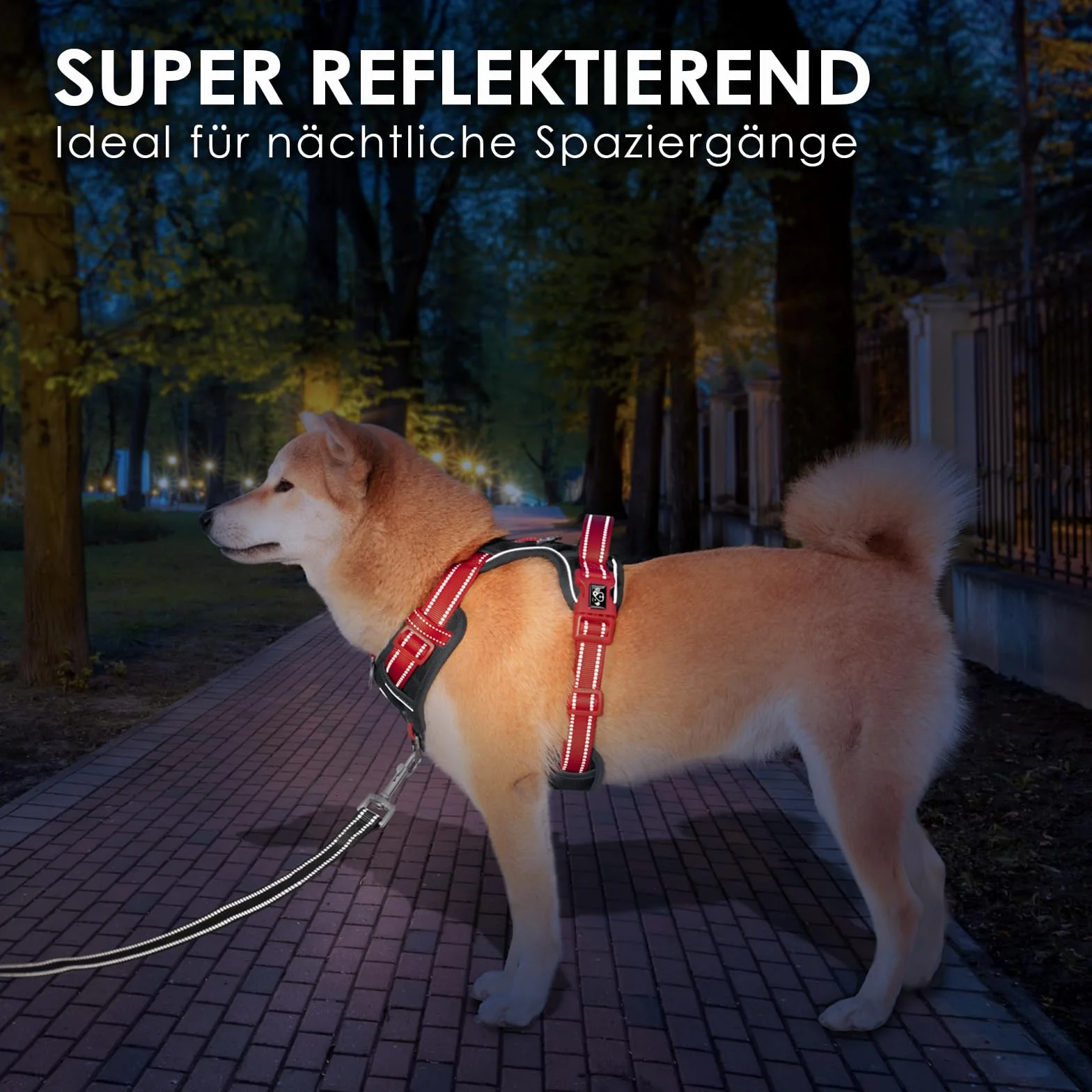 PHOEPET Uprząż dla psa Anti-Zug – odblaskowa, regulowana uprząż bezpieczeństwa dla małych, średnich i dużych psów (M, czarna podstawa i czerwone ramiączka)
