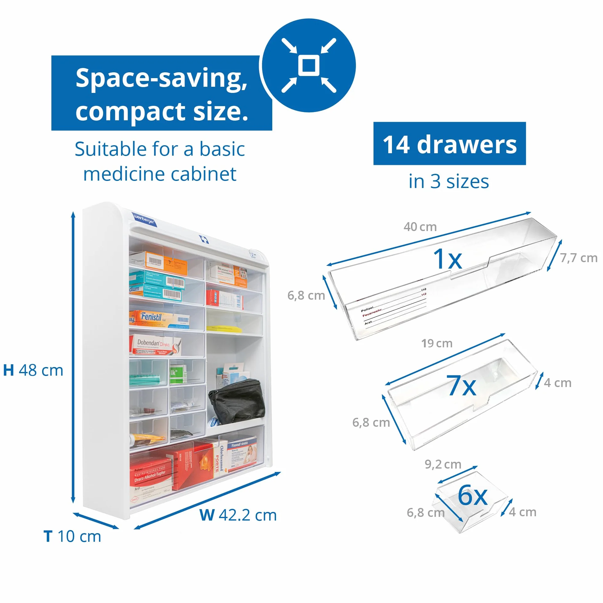 WEINBERGER Jalousie Medizinschrank mit Kindersicherung für Hausapotheke mit 14 Schubfächern, Kunststoff Weiss, Medikamentenschrank, Arzneischrank, 48 x 42 x 10 cm HxBxT, Modell: 06806