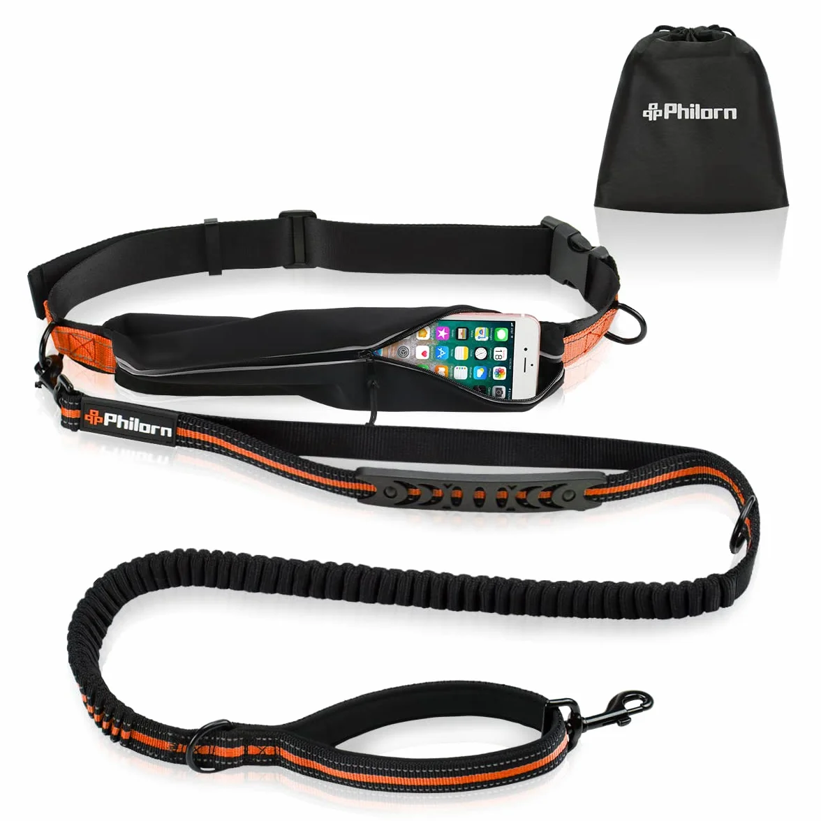 Philorn Smycz dla psa bez użycia rąk z etui na telefon, smycz dla psa do biegania / joggingu, amortyzująca wstrząsy podwójna rączka bungee (119-170 cm), odblaskowe szwy, regulowany pas biodrowy