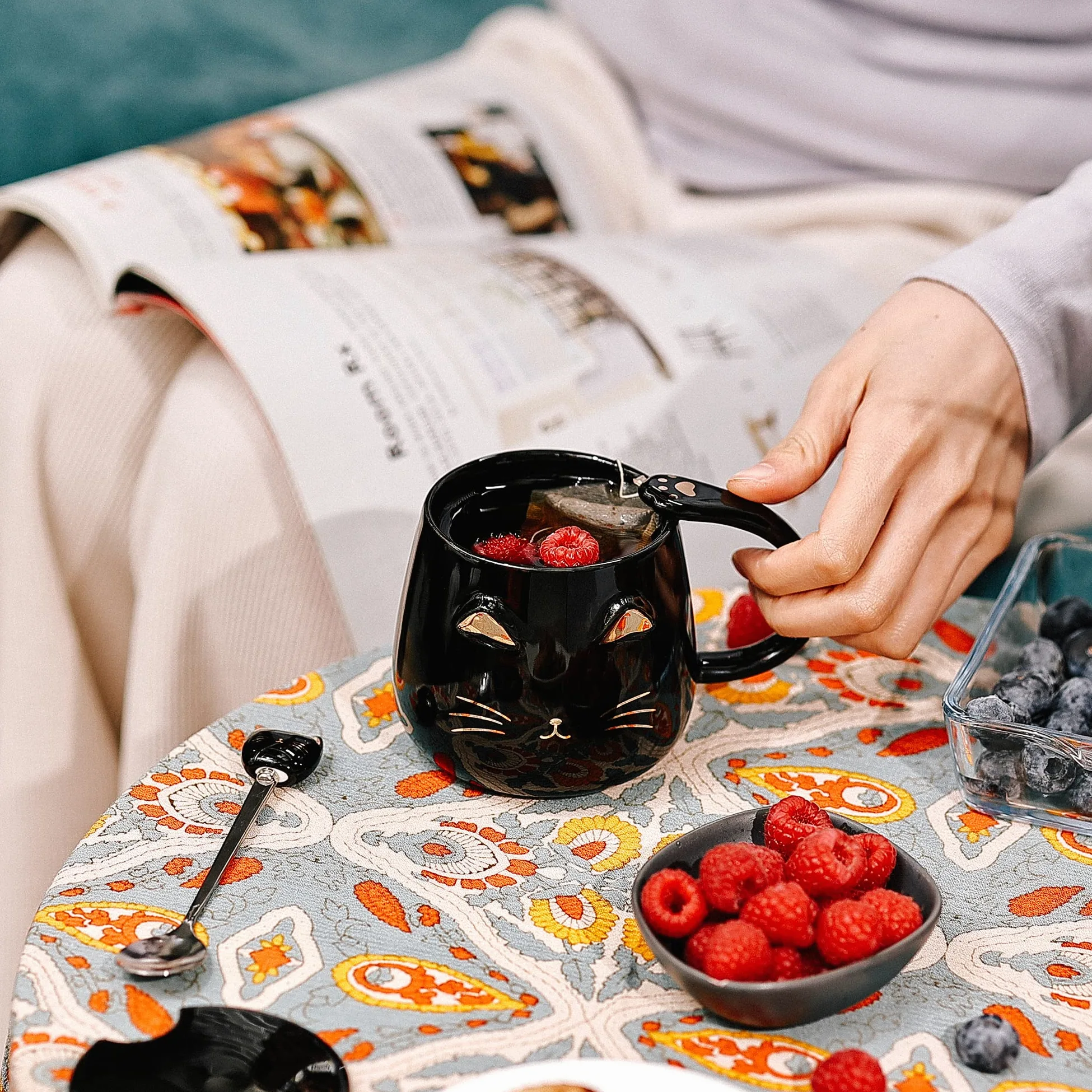 Uroczy kubek z kotem, ceramiczny kubek do kawy z pokrywką Kawaii i uroczą łyżeczką ze stali nierdzewnej, nowatorski poranny kubek do kawy, mleka, herbaty, kubki 3D, dla miłośników kotów