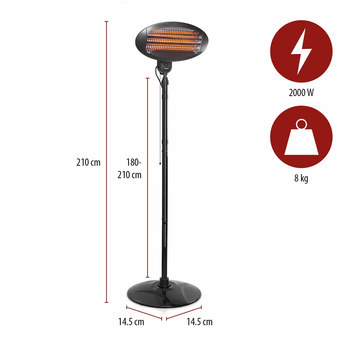 Tristar Promiennik tarasowy – 3 poziomy mocy (650/1300/2000 W), nadaje się również do montażu na ścianie, regulacja wysokości do 2 metrów, ochrona IPX4, KA-5287