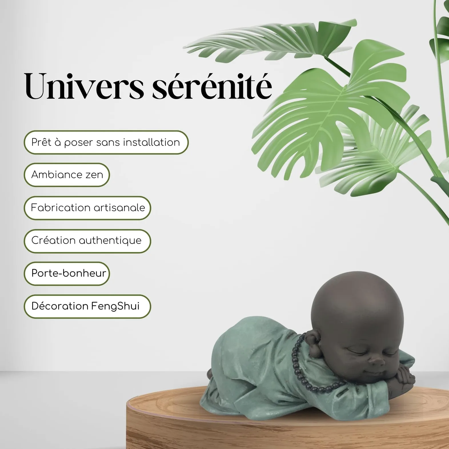 Figurka Bonze chrapanie – dekoracja Zen i Feng Shui – dla relaksującej i duchowej atmosfery – pomysł na prezent talizman szczęścia – szerokość: 11,5 cm – kolor: zielony i brązowy – Zen'Light
