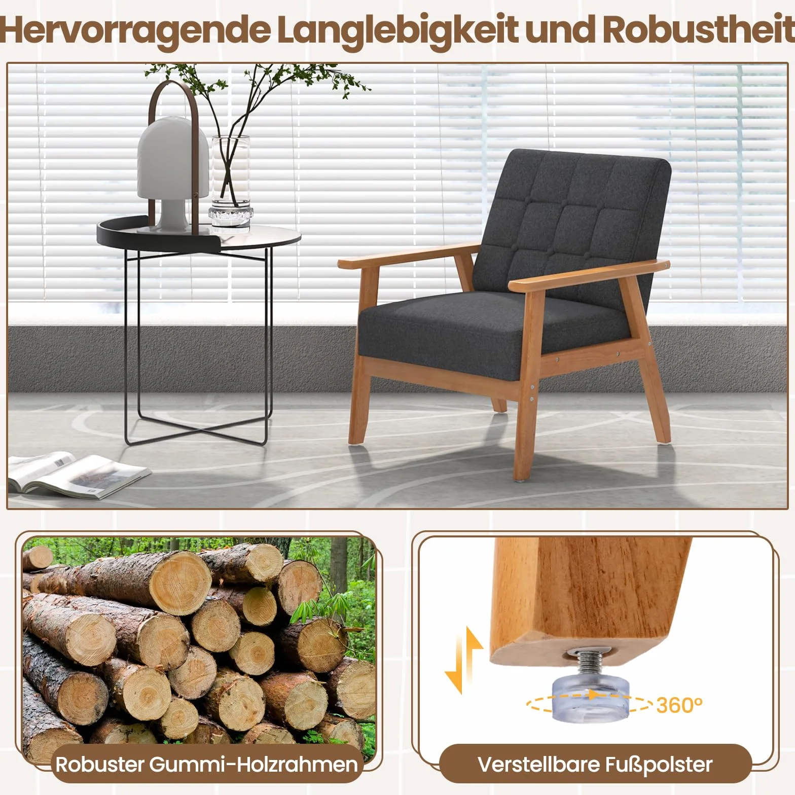 COSTWAY Fotel do salonu, tapicerowany fotel, do 150 kg, nowoczesne krzesło akcentujące z drewnianymi nogami i podłokietnikami, fotel koktajlowy, tapicerowany fotel do sypialni, biura, 72 x 65 x 76 cm