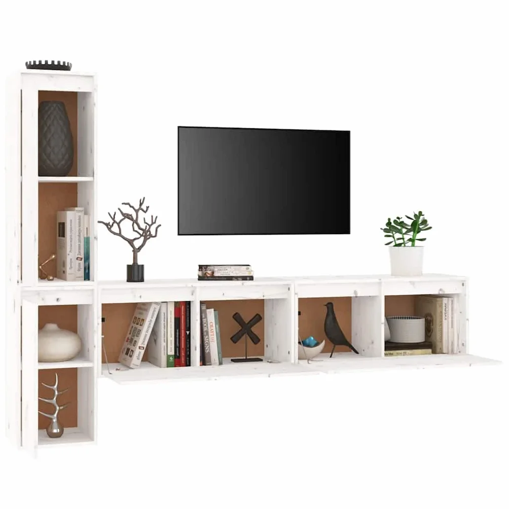 Szafka TV zestaw 4 szt. biały, lite drewno sosnowe, uniwersalna podstawka pod telewizor, montaż ścienny, do salonu, konsola medialna, nowoczesne wzornictwo do elektroniki użytkowej