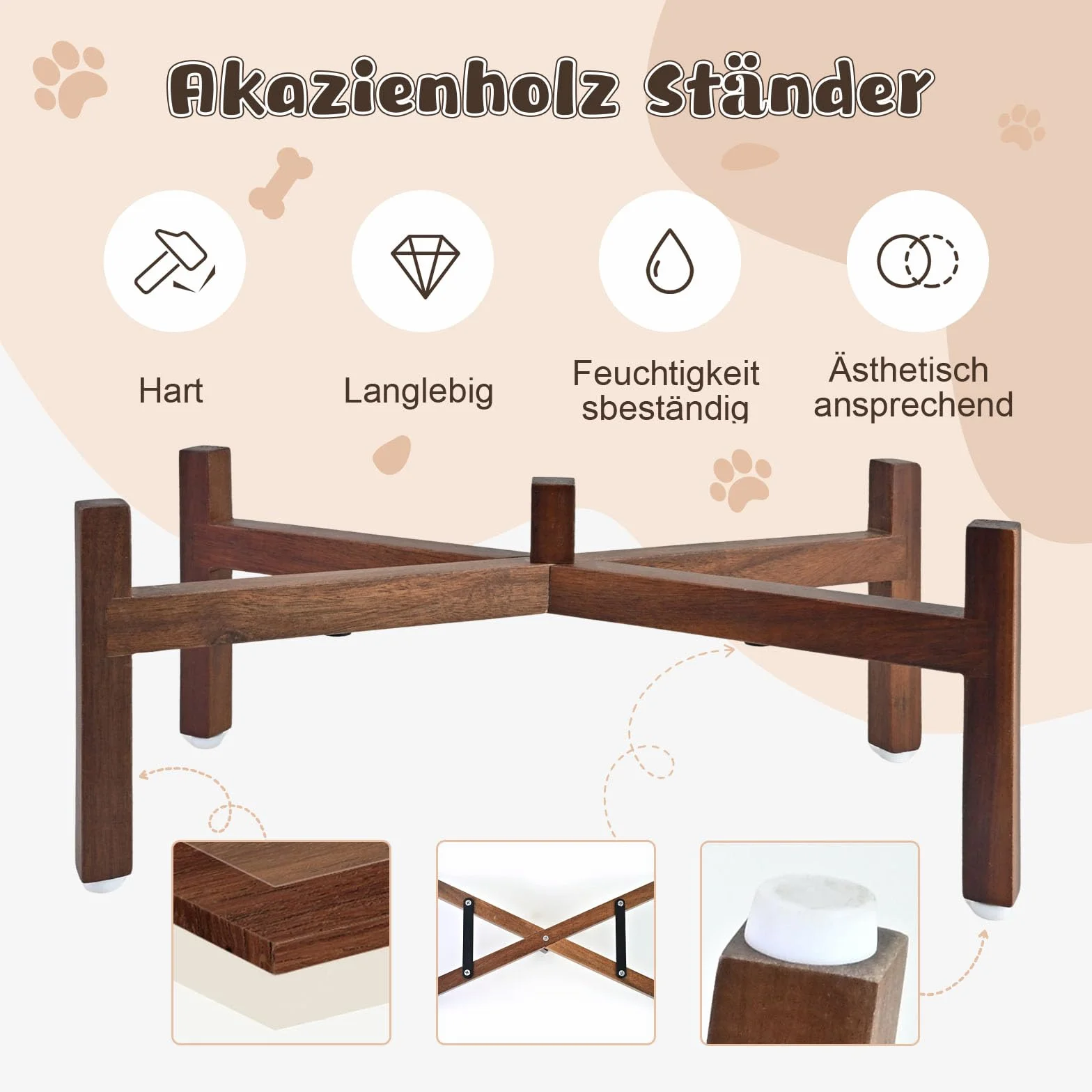 SPUNKYJUNKY Ceramiczna miska dla psa podwyższona ze stojakiem z drewna akacjowego 1250 ml biała czerwono-brązowa