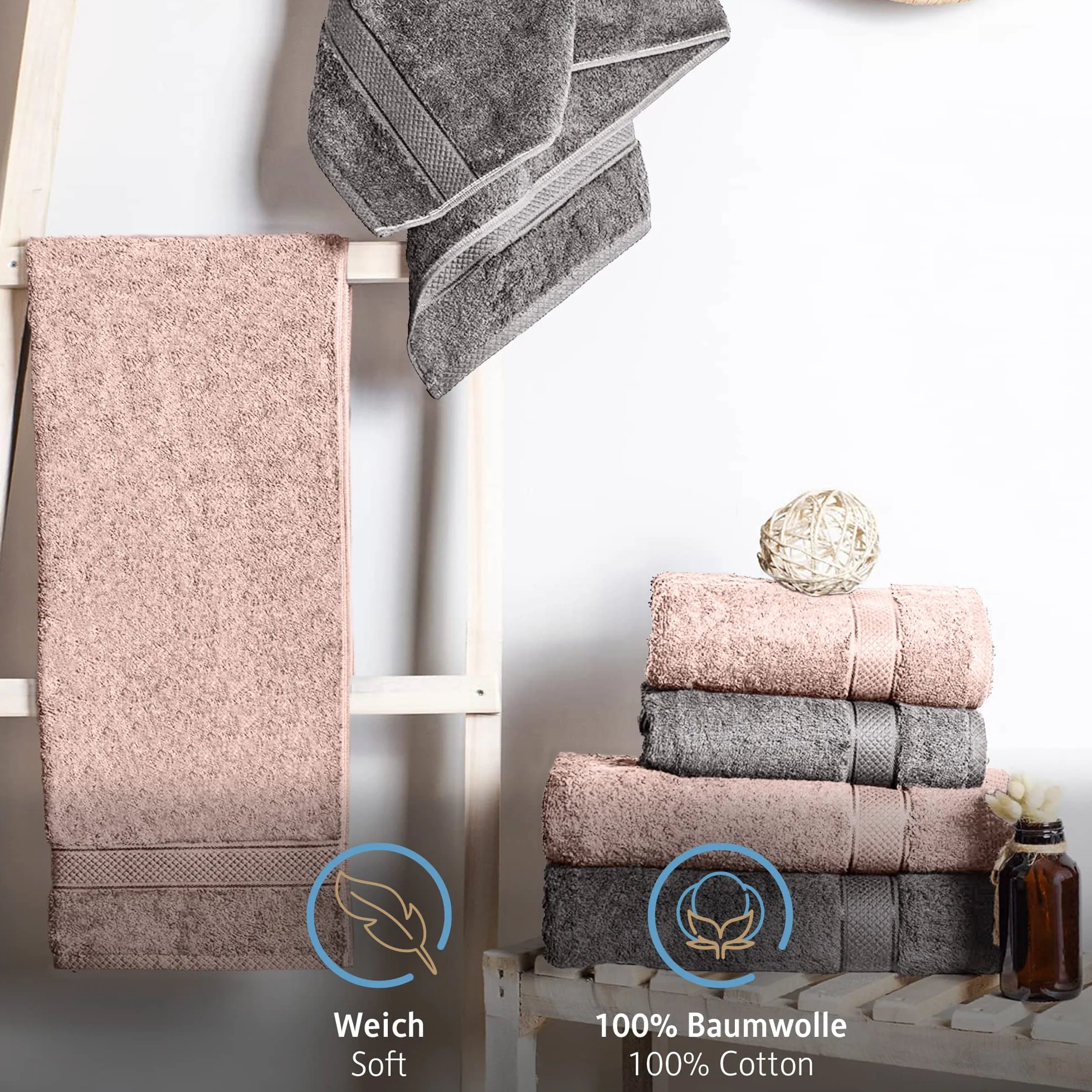 Komfortec Zestaw 8 ręczników ze 100% bawełny, 8 ręczników 50 x 100 cm zestaw, frotte, miękki, antracyt/różowy