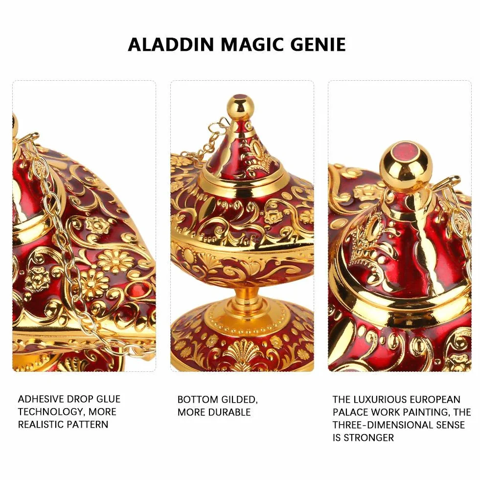 Vintage Kolekcjonerska Rzadka Legenda Aladyna, Magiczna Lampa z Geniuszem, Kadzidło, Alladyn, Cudowna Olejowa, Arabska Geniusz, Oświetlenie do Dekoracji Domu, Stołu i Prezentu (Złota)