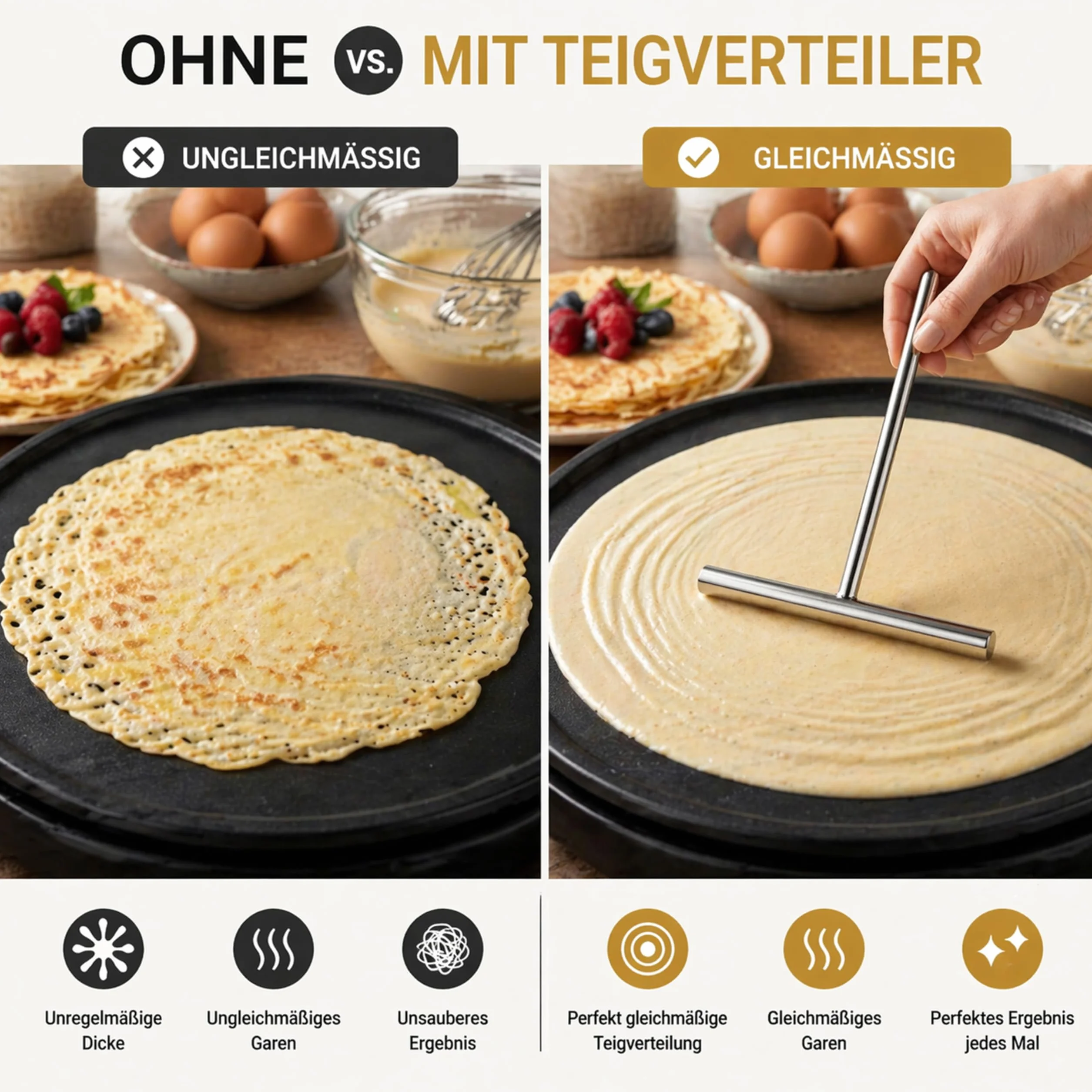Kerafactum Rozdzielacz do Ciasta Crepemaker do Naleśników, Placków lub Palacinek z Długą Rączką 20 cm ze Stali Nierdzewnej, Szpatułka do Naleśników