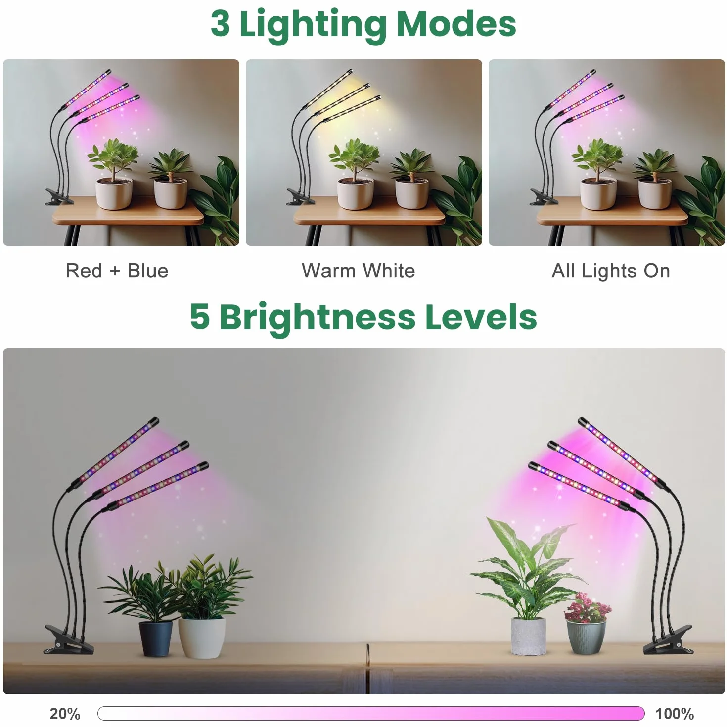 Garpsen Światło roślinne, 3 głowice czerwone - ciepłe niebieskie białe pełne spektrum wewnątrz roślin rosnące światło, 60 LED LED nasiona Start Grow light z automatycznym włączaniem/wyłączaniem