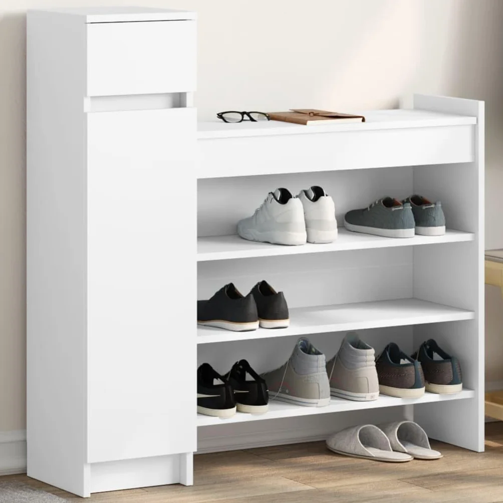 Biała szafka na buty, materiał drewnopochodny, 100,5 x 28 x 100 cm, z 1 szufladą, 2 drzwi, 4 półki, do korytarza, wejścia, sypialni, stylowa
