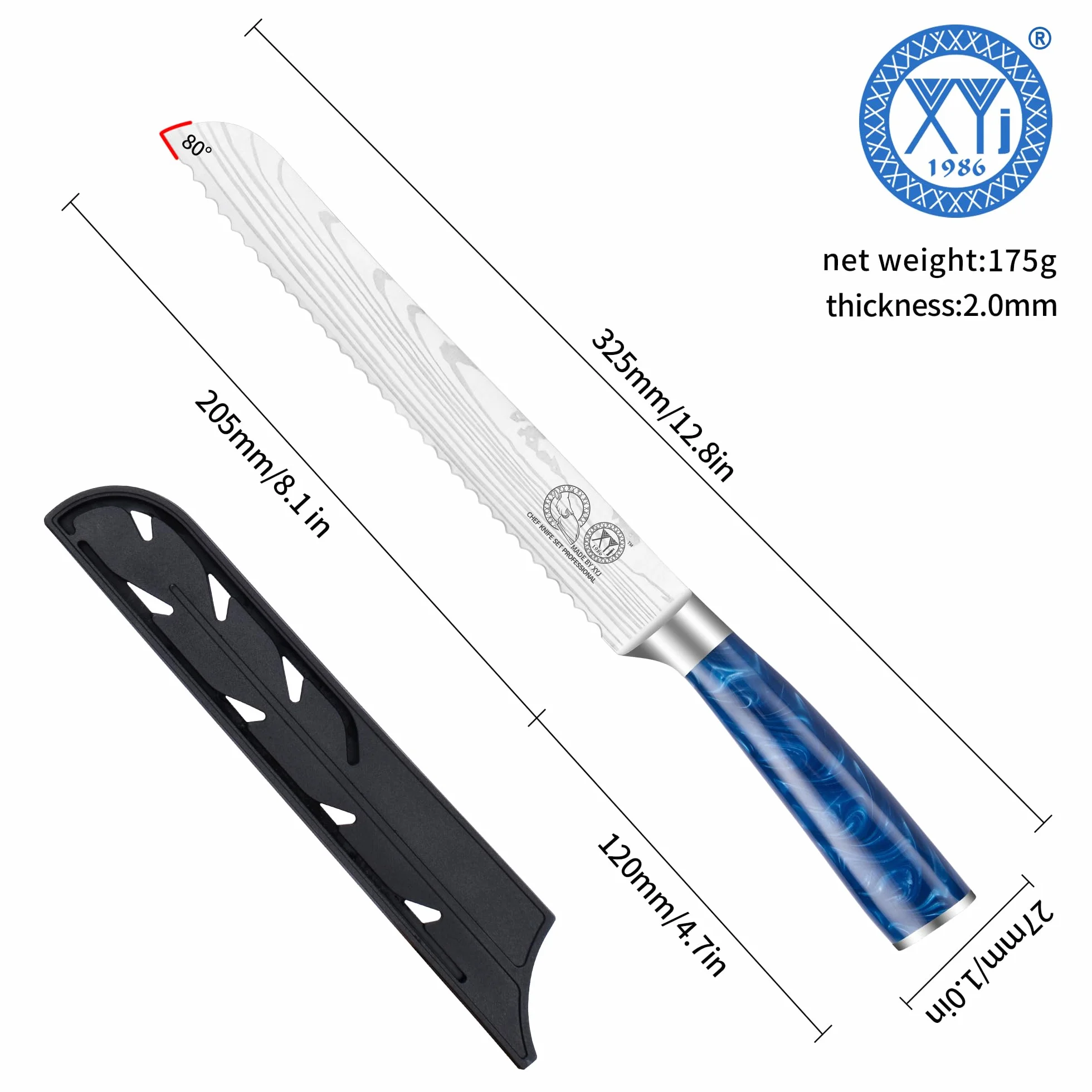 XYJ Bread Knife 8 Inch,Stainless Steel,Serrated Blade Knife,Laser Damascus Pattern Serrated Bread Knife With Sheath Case,Resin Handle for Women Men