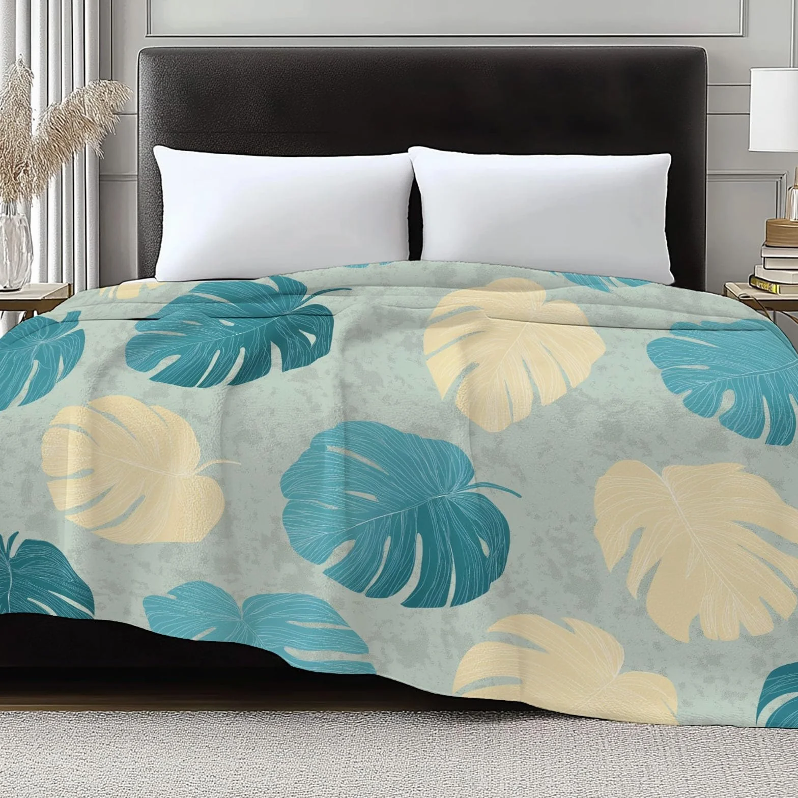 Vintage Monstera Flanelowy Koc Polarowy Liść Tekstura Krata, Narzuta na sofę Wygodny Dwuosobowy Koc na łóżko Zimowy pled 220 x 240 cm Kremowy