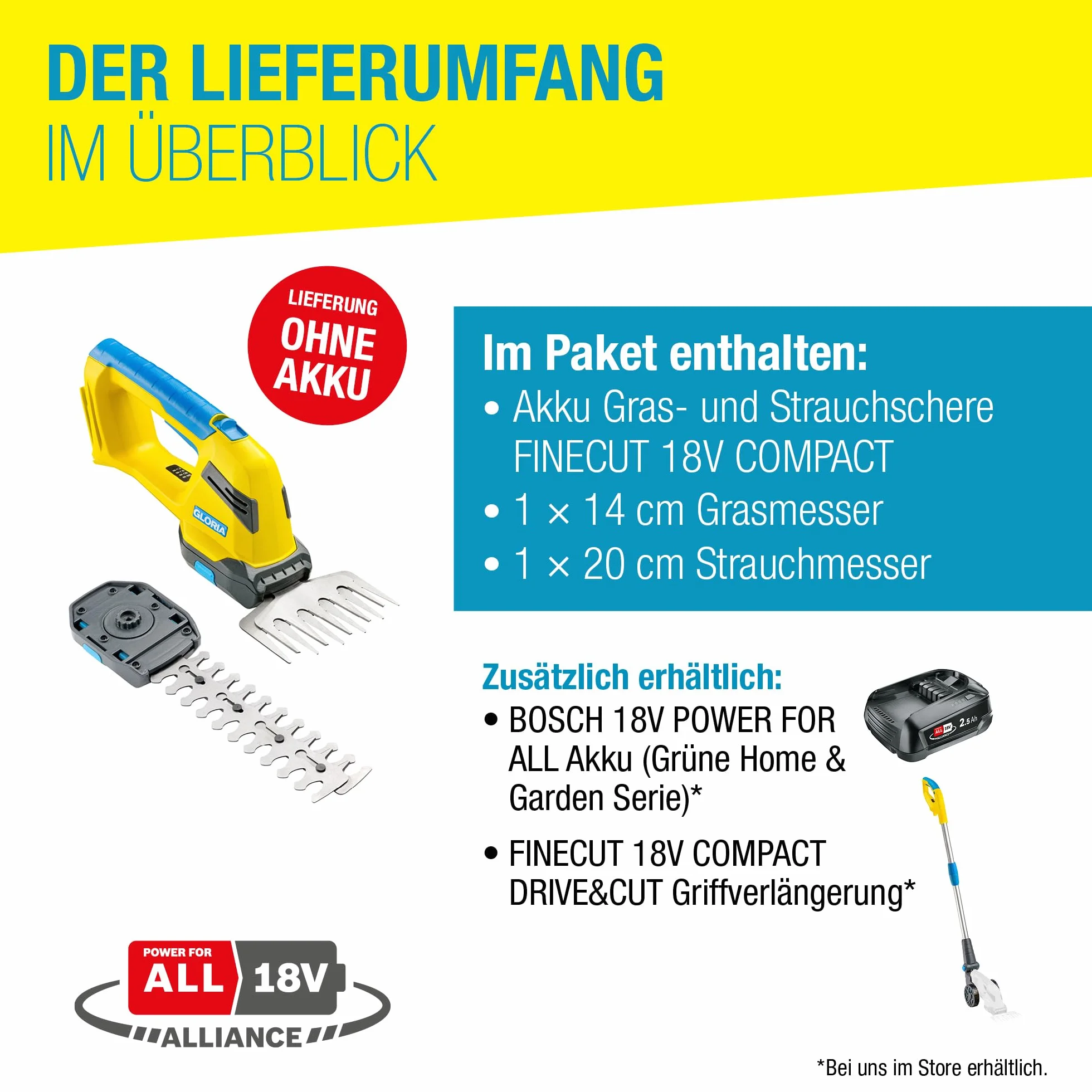 GLORIA FineCut 18 V compact akumulatorowe nożyce do trawy i krzewów, 14 cm XL nóż do trawy i krzewów 20 cm, wymiana noży bez użycia narzędzi, kompatybilne z akumulatorem Bosch 18 V Power for All