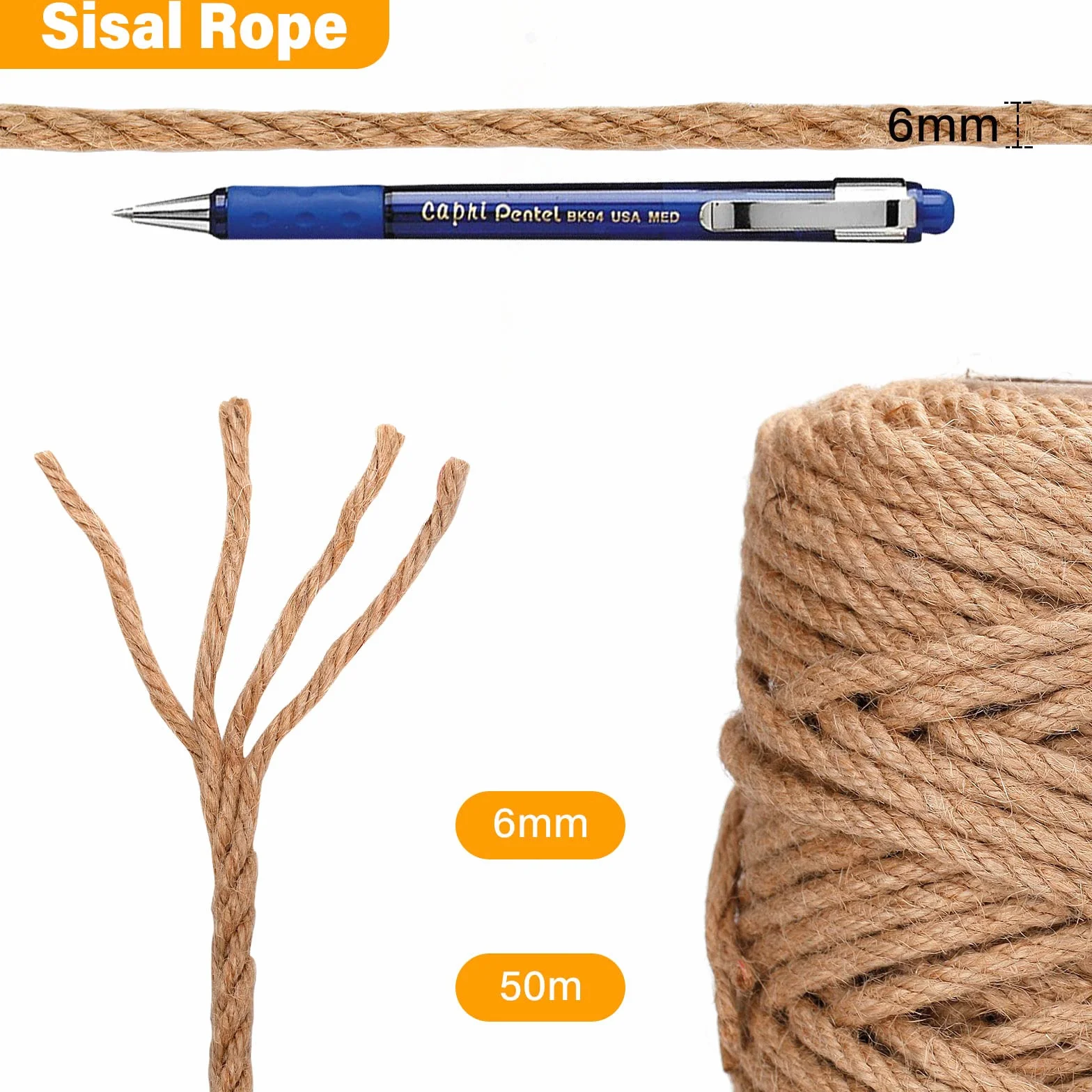 Naturalny Sznur Sizalowy 6mm x 50m na Drapak dla Kota - Dom, Ogród, DIY