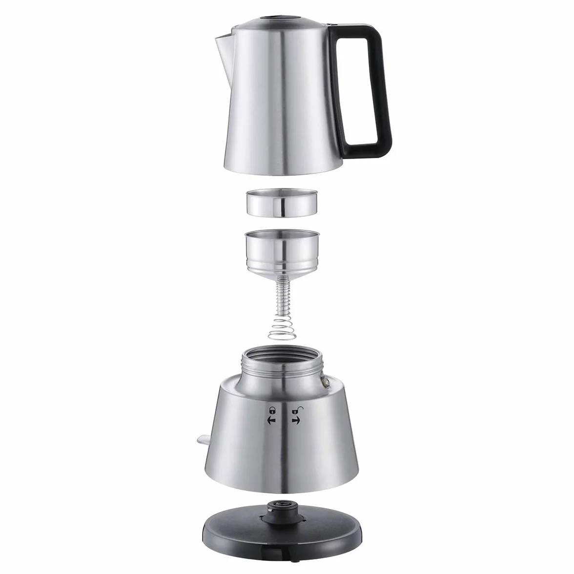 Cloer 5928 Elektryczny ekspres do Moka, Ekspres ze stali nierdzewnej, na 3-6 filiżanek espresso, 365W, Wkładka ze stali nierdzewnej, wyłącznik bezpieczeństwa, zawór bezpieczeństwa, włącznik/wyłącznik