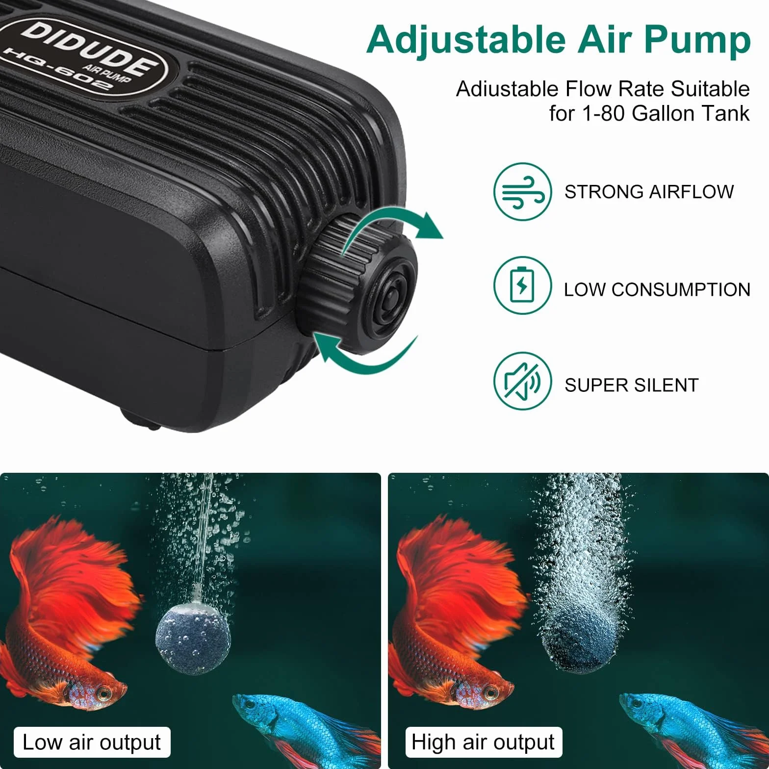 Pompa powietrza do akwarium cicha regulowana 20-40dB podwójne wyjście 2 zawory zwrotne 3,8-300 l