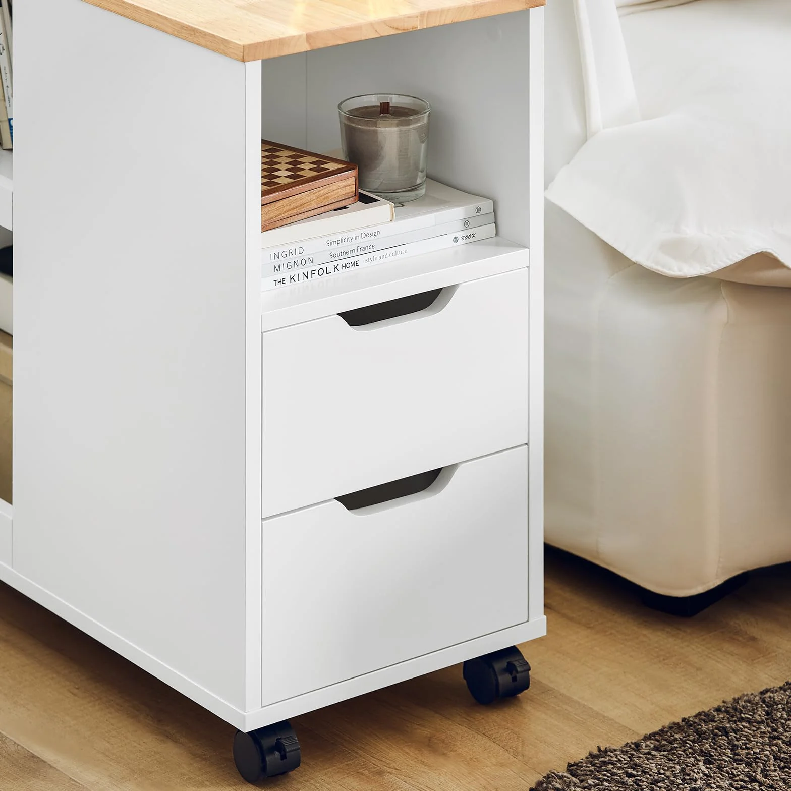 SoBuy Stojak na drukarkę z kółkami – Mobilny stół pod drukarkę i szafka biurowa do biura i Home Office, z szufladami i półkami, B60 x D30 x H60 cm, FBT130-WN