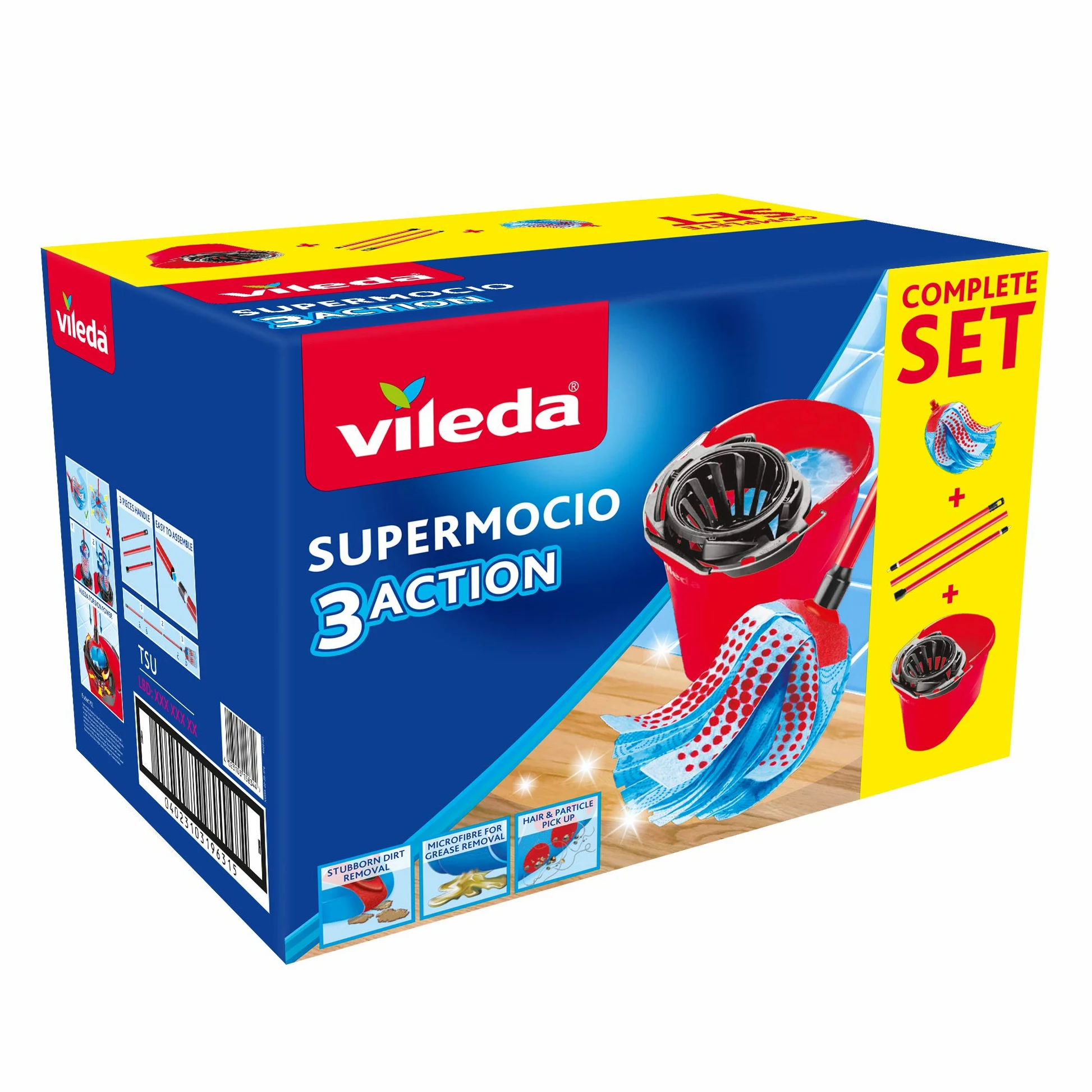 Vileda SuperMocio 3Action Zestaw Mopa i Wiadra, Plastikowy, Wielokolorowy, 6 x 15 x 117 cm