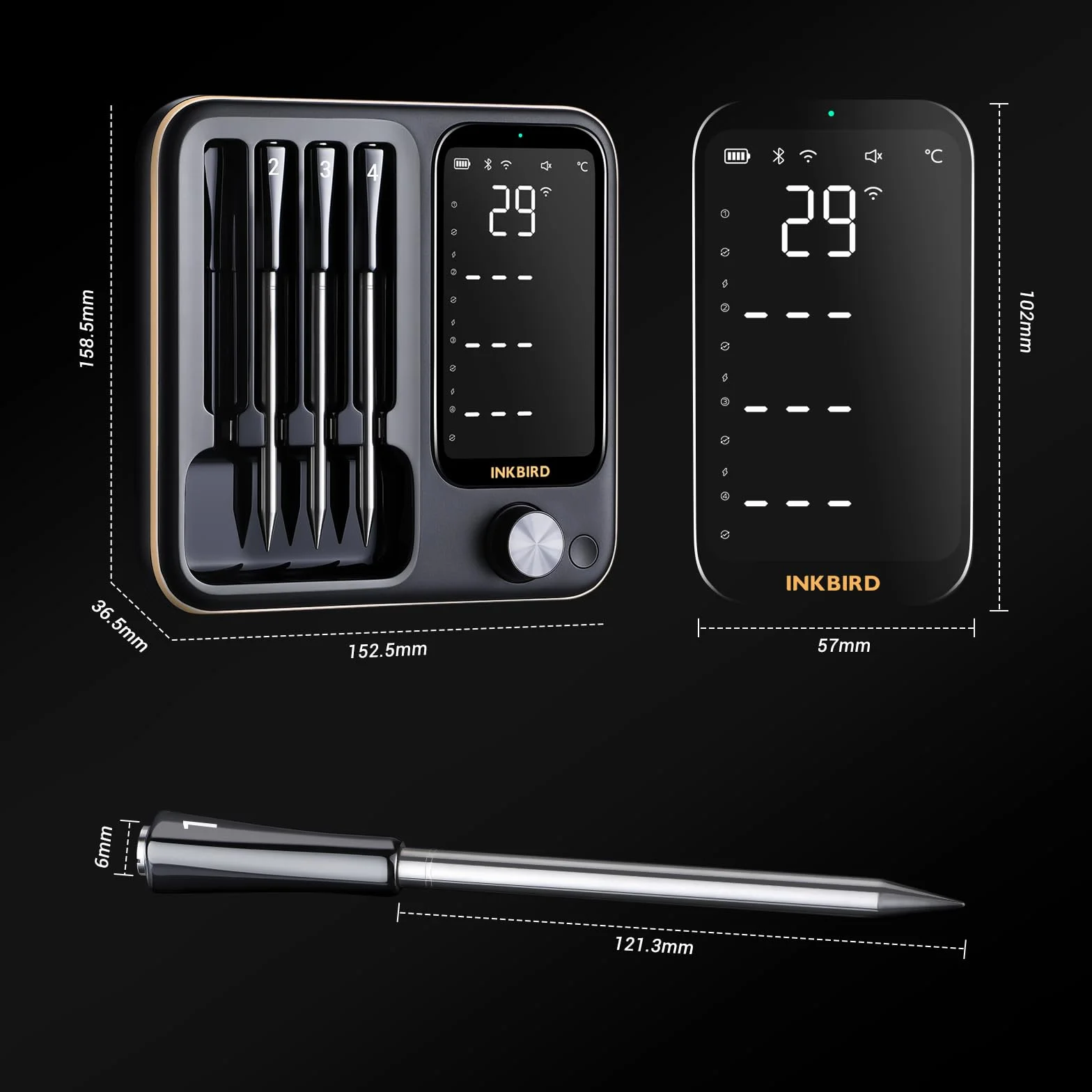 Inkbird INT-14-BW bezprzewodowy termometr do mięsa, inteligentny termometr do grilla, WiFi 2,4 G, sygnał Bluetooth 5.4, 91 m, termometr do piekarnika, grilla, wędzarni, piekarnika