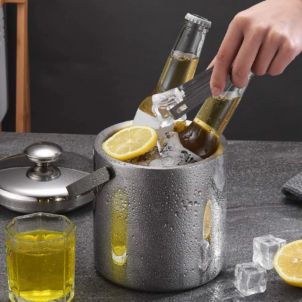 Wiaderko na kostki lodu Henoot 1,3 l Premium z pokrywką i szczypcami Wiaderko do szampana ze stali nierdzewnej Wiaderko na lód Dwuścienne izolowane wiaderko na lód ze stali nierdzewnej z uchwytem Odpowiednie do baru